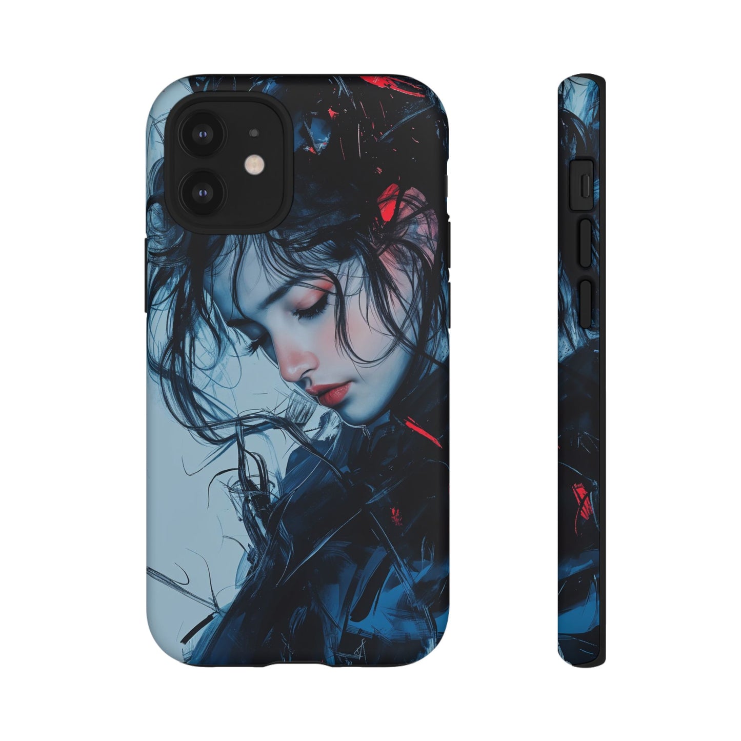 Protective Phone Case – Dual Layer Blue & Red Abstract Portrait Design