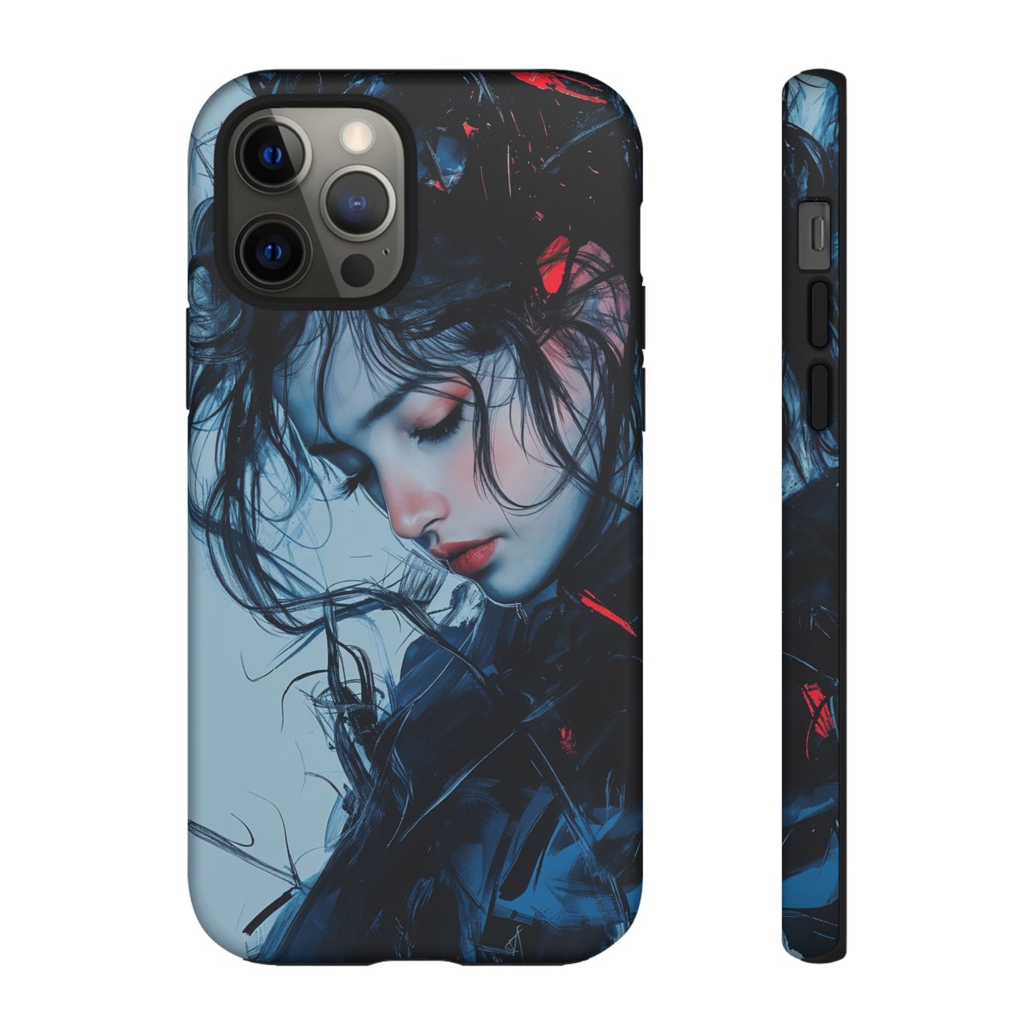 Protective Phone Case – Dual Layer Blue & Red Abstract Portrait Design