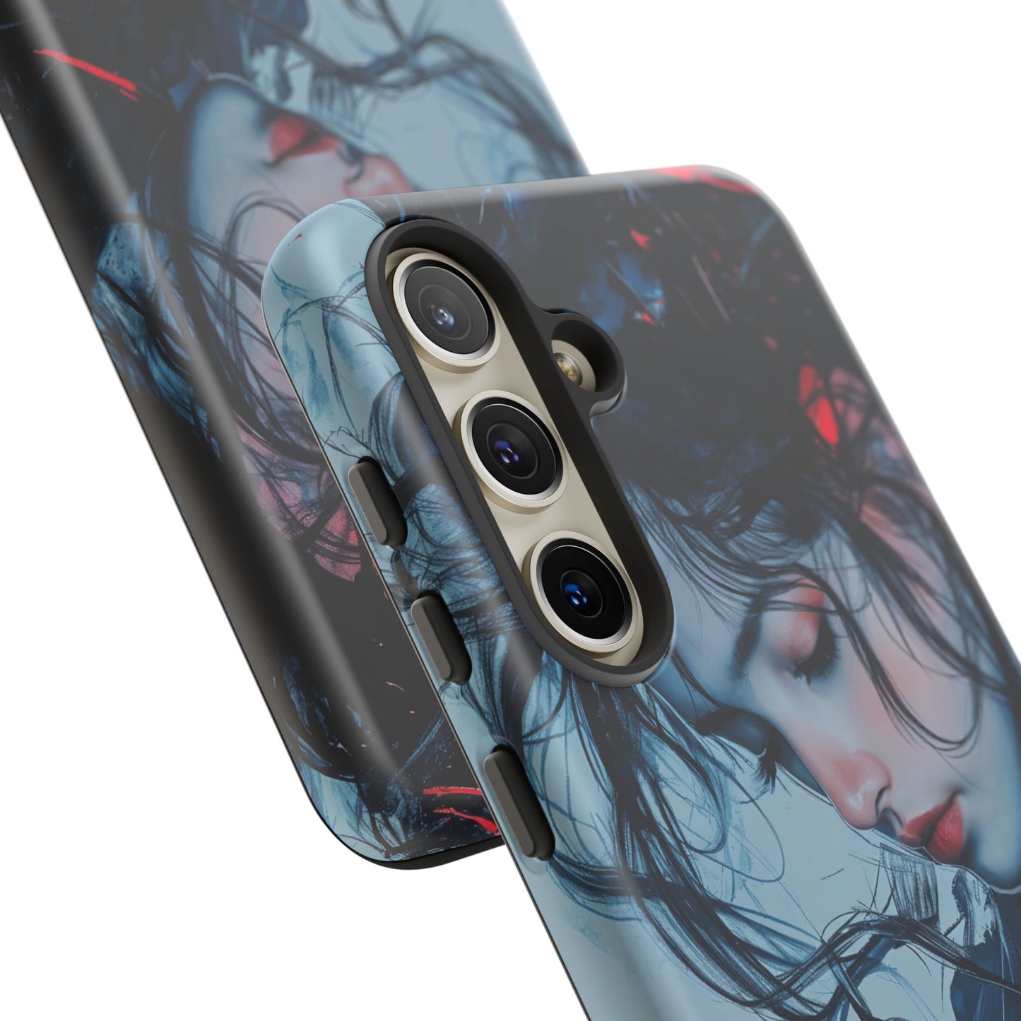 Protective Phone Case – Dual Layer Blue & Red Abstract Portrait Design