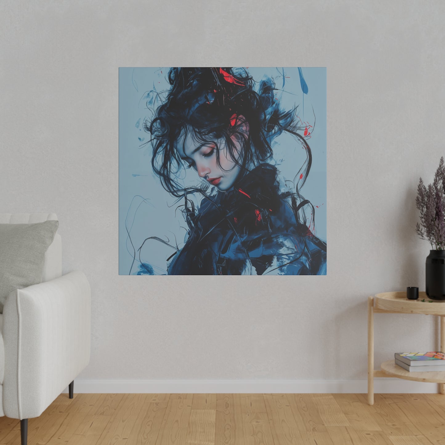 Serenity in Motion: Abstract Blue and Red Portrait Canvas