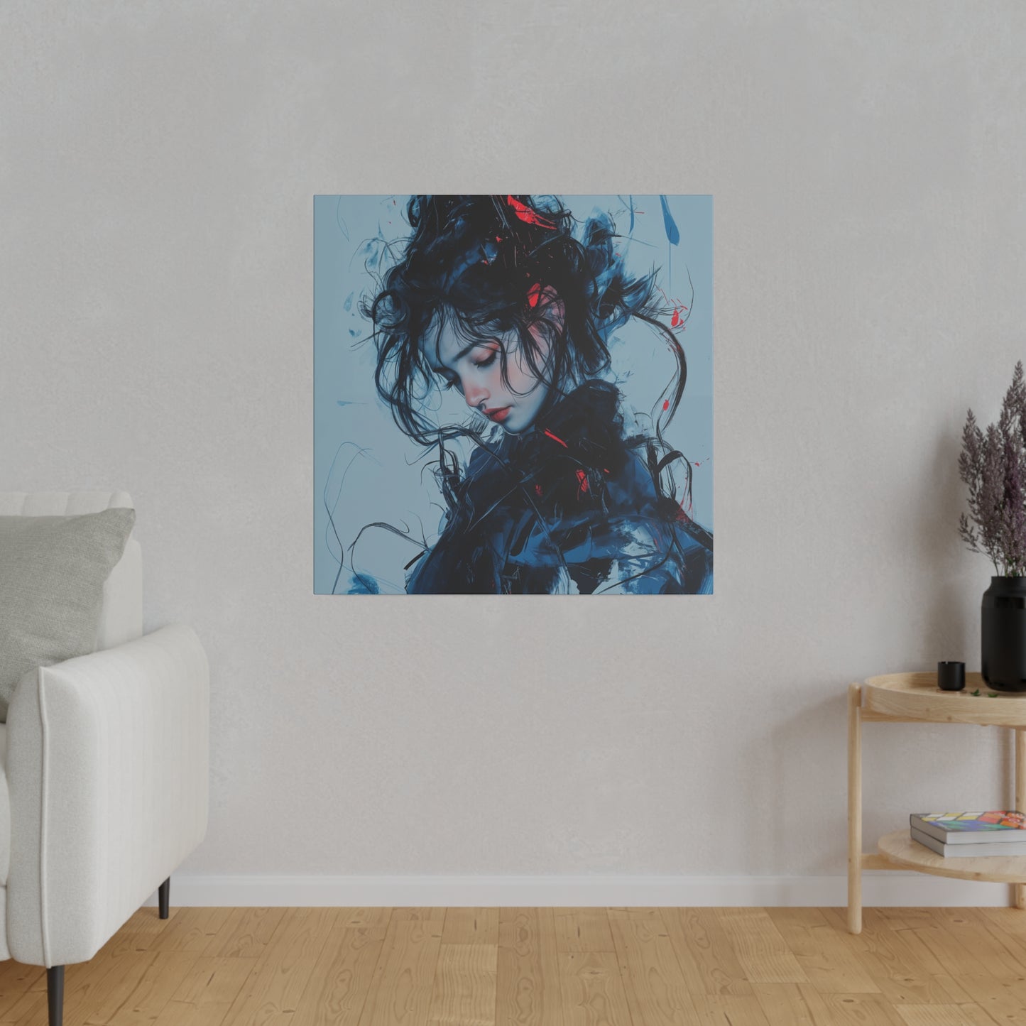 Serenity in Motion: Abstract Blue and Red Portrait Canvas