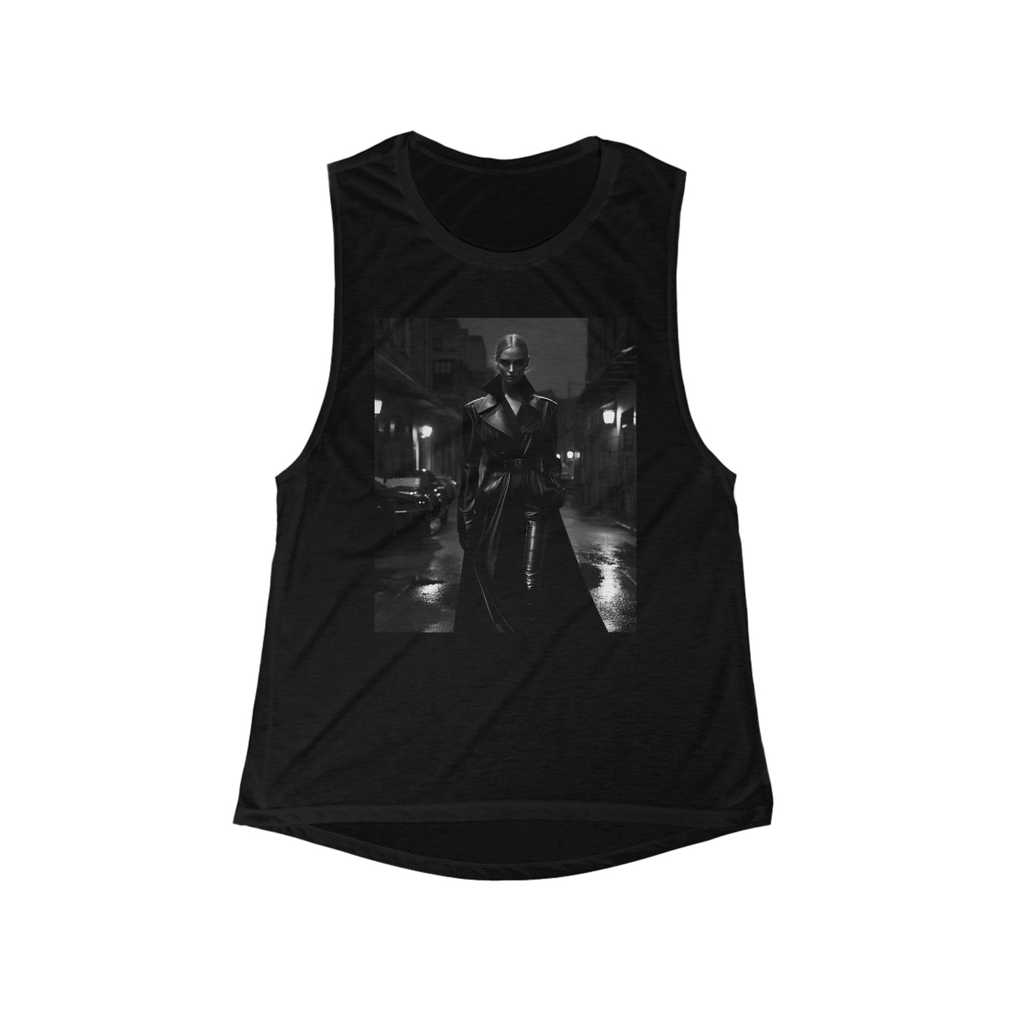 Urban Noir Flow – Women’s Flowy Muscle Tank with Dramatic Fashion Photography