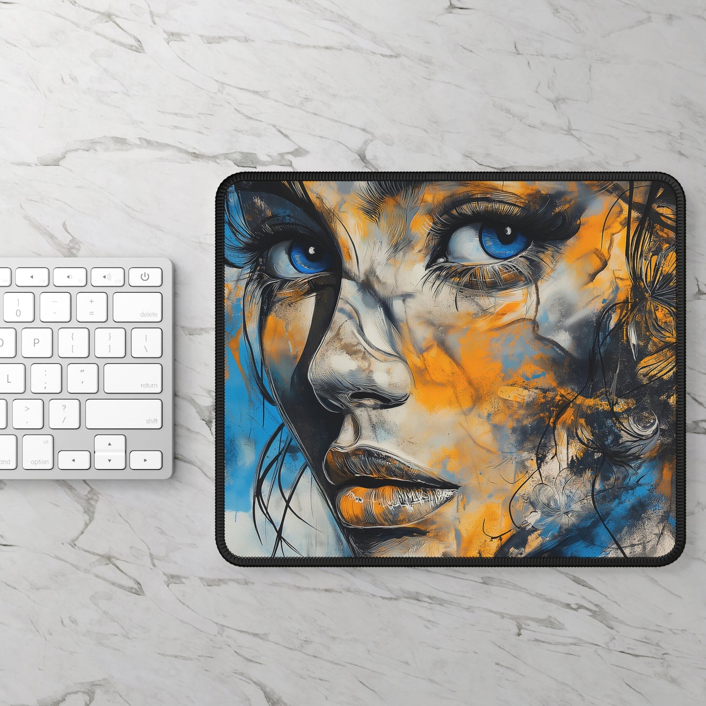 Blue & Gold Abstract Portrait Gaming Mouse Pad – Smooth & Stylish