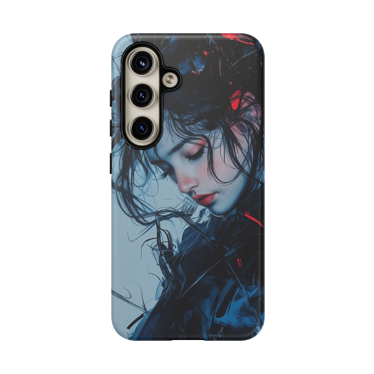 Protective Phone Case – Dual Layer Blue & Red Abstract Portrait Design