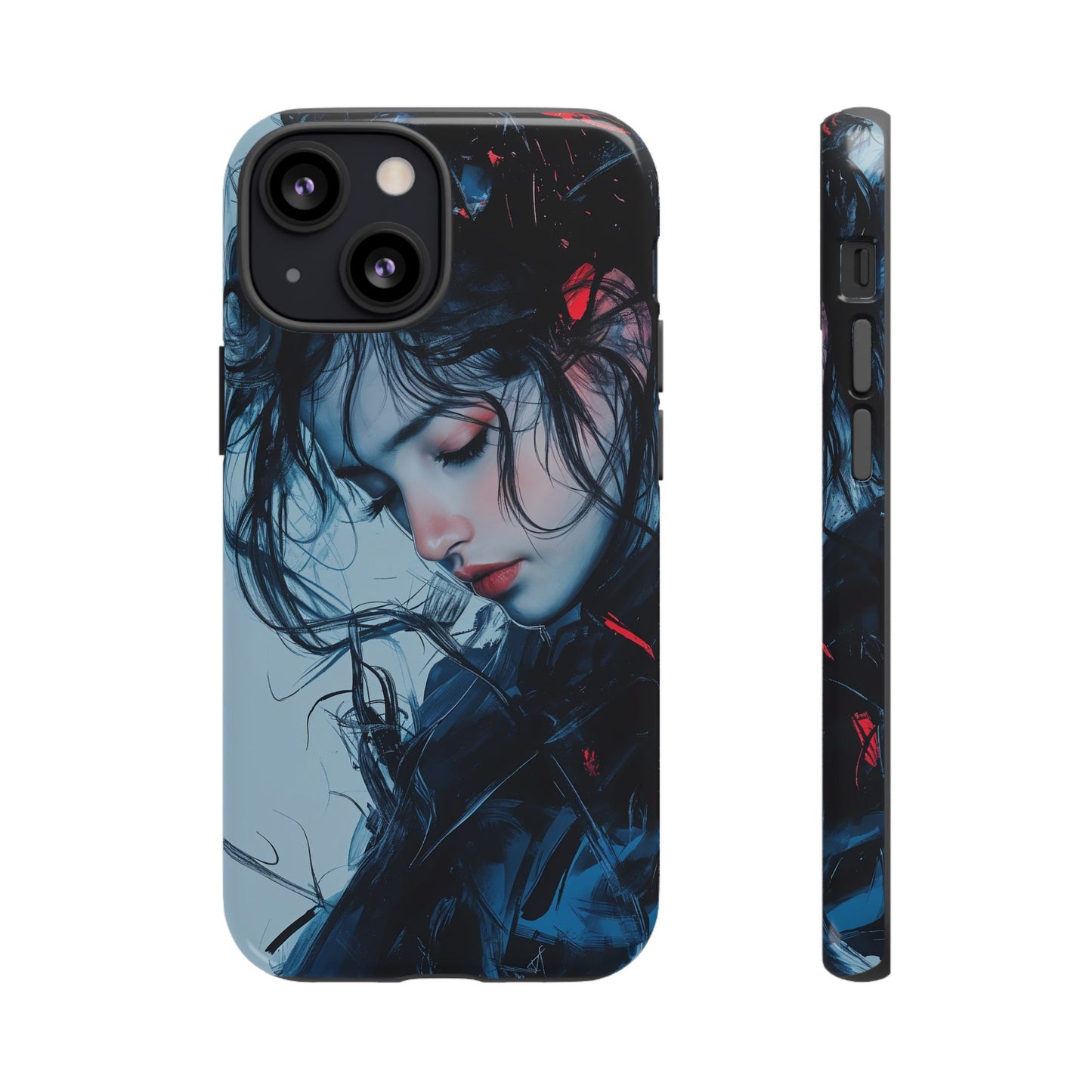 Protective Phone Case – Dual Layer Blue & Red Abstract Portrait Design