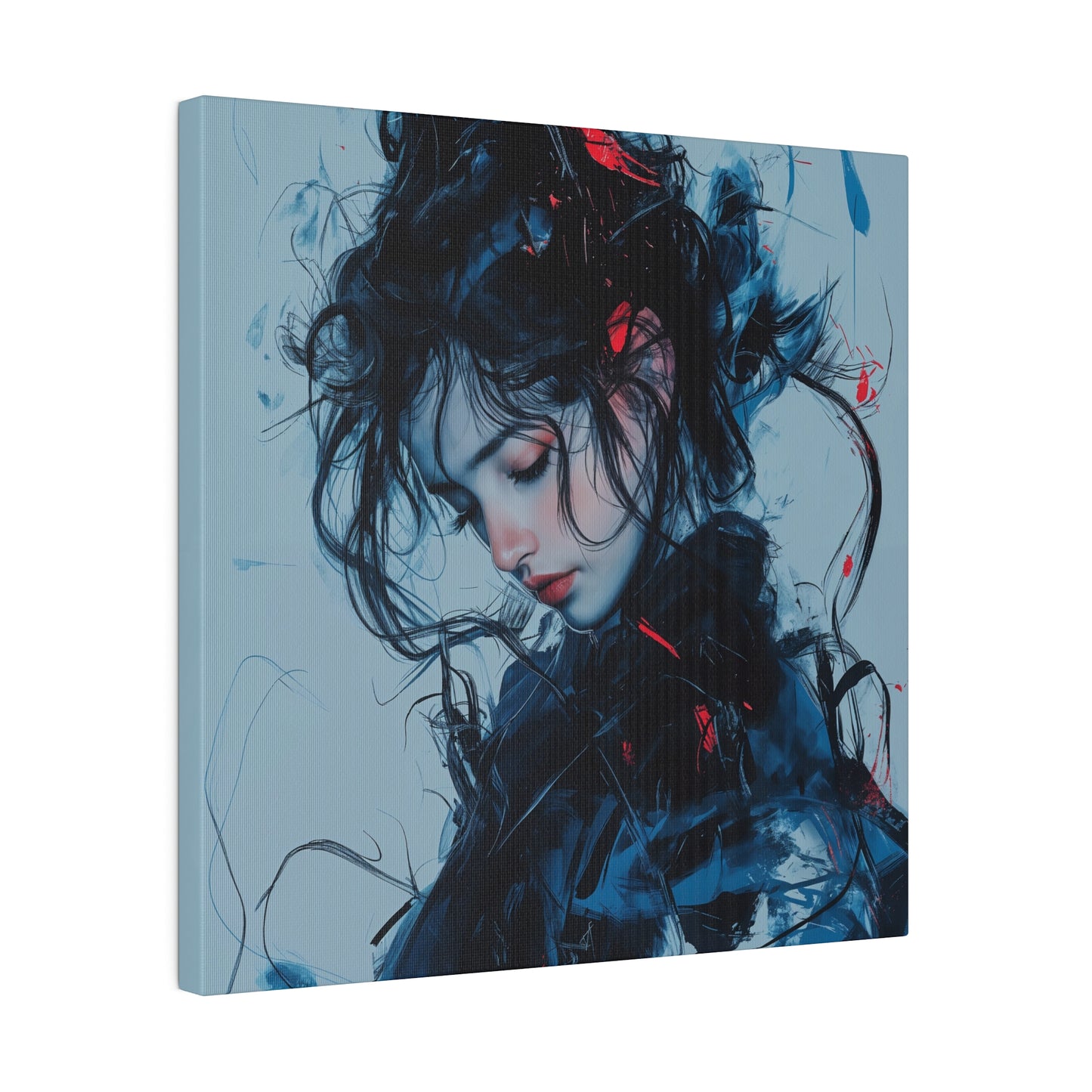 Serenity in Motion: Abstract Blue and Red Portrait Canvas