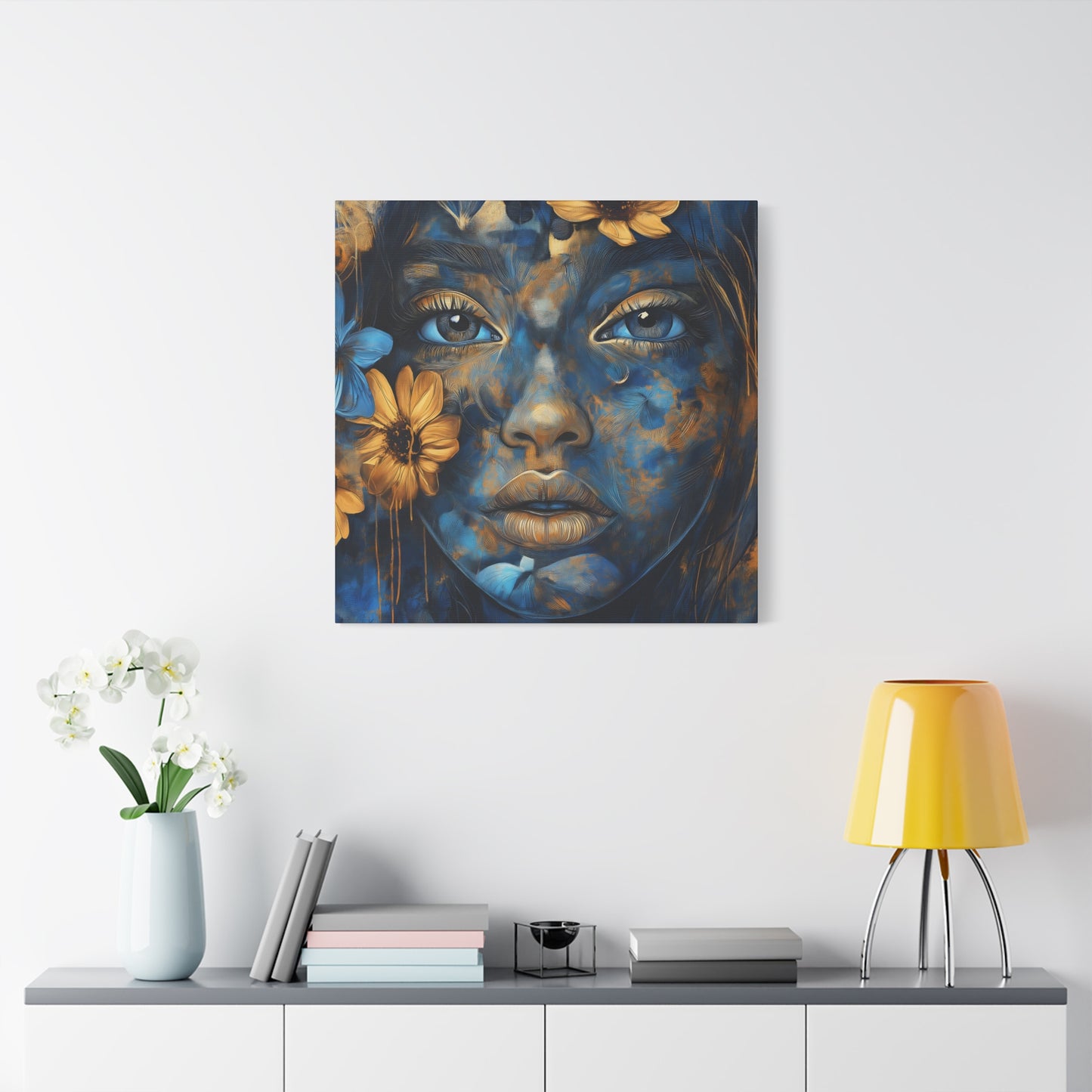 Stunning Digital Art Matte Canvas - Floral Ethereal Beauty in Blue & Gold - 1.25” Stretched Canvas