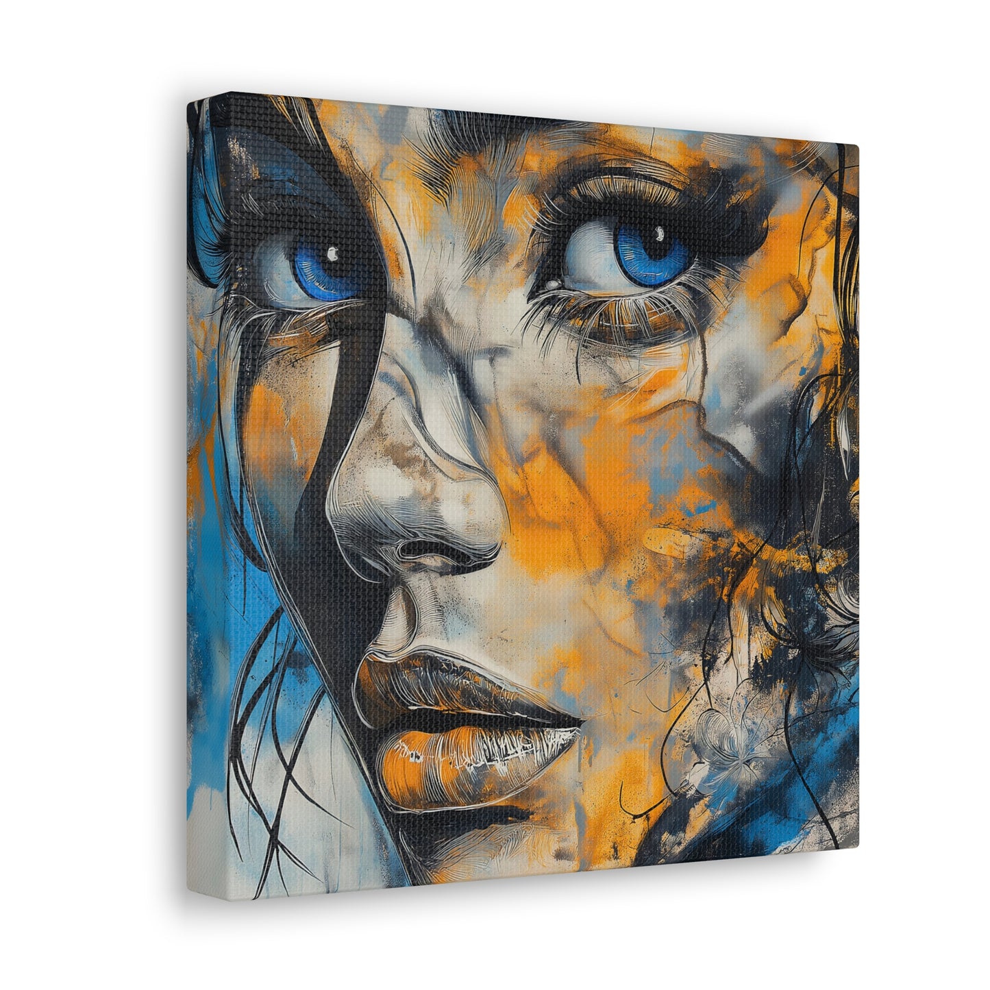 Vibrant Gaze: Blue and Gold Abstract Portrait – Canvas Gallery Wrap