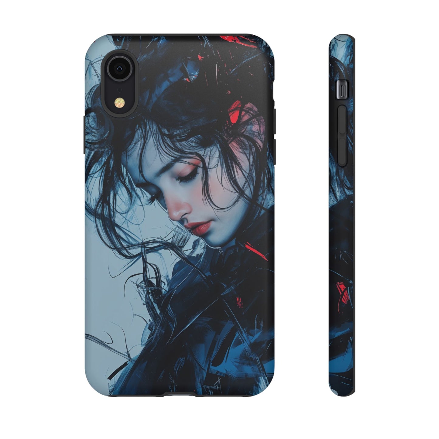 Protective Phone Case – Dual Layer Blue & Red Abstract Portrait Design