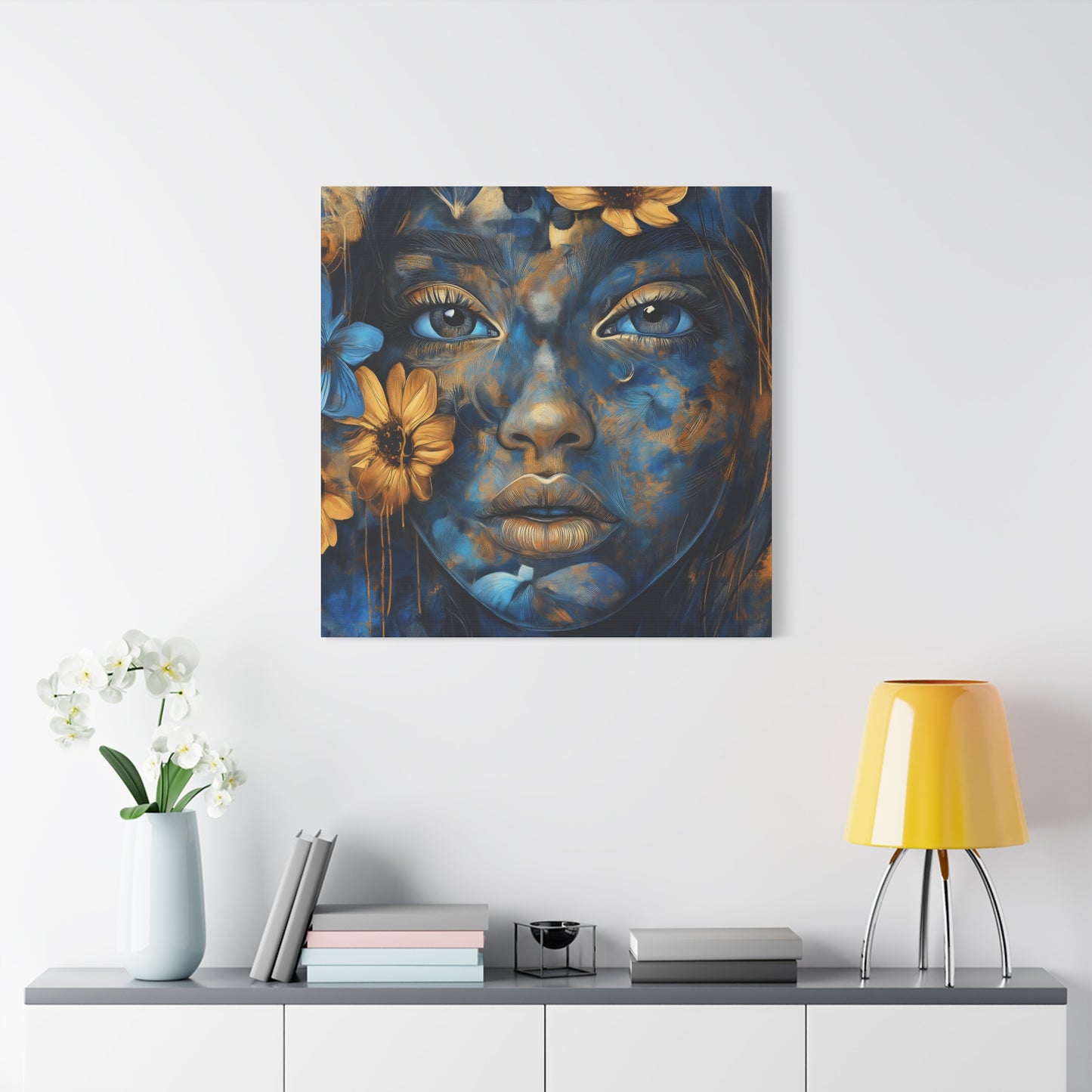 Stunning Digital Art Matte Canvas - Floral Ethereal Beauty in Blue & Gold - 1.25” Stretched Canvas