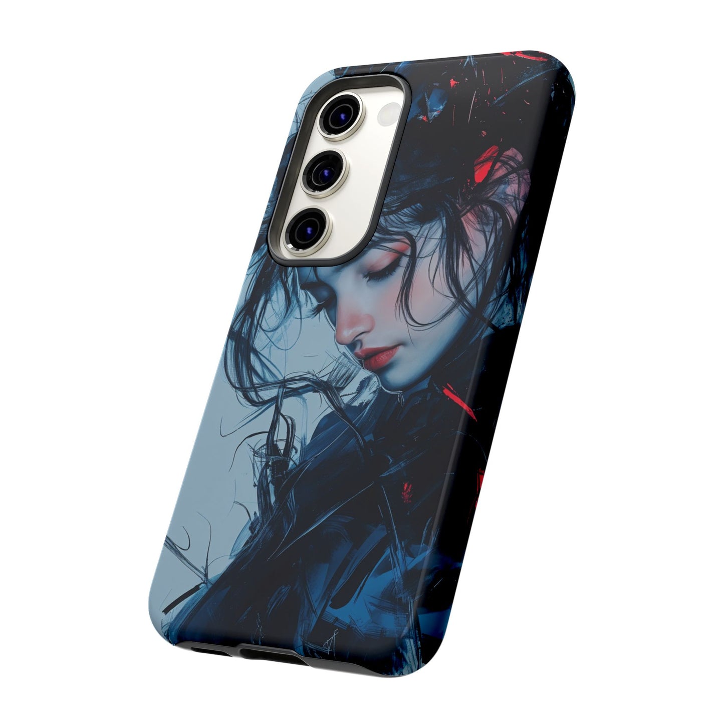 Protective Phone Case – Dual Layer Blue & Red Abstract Portrait Design