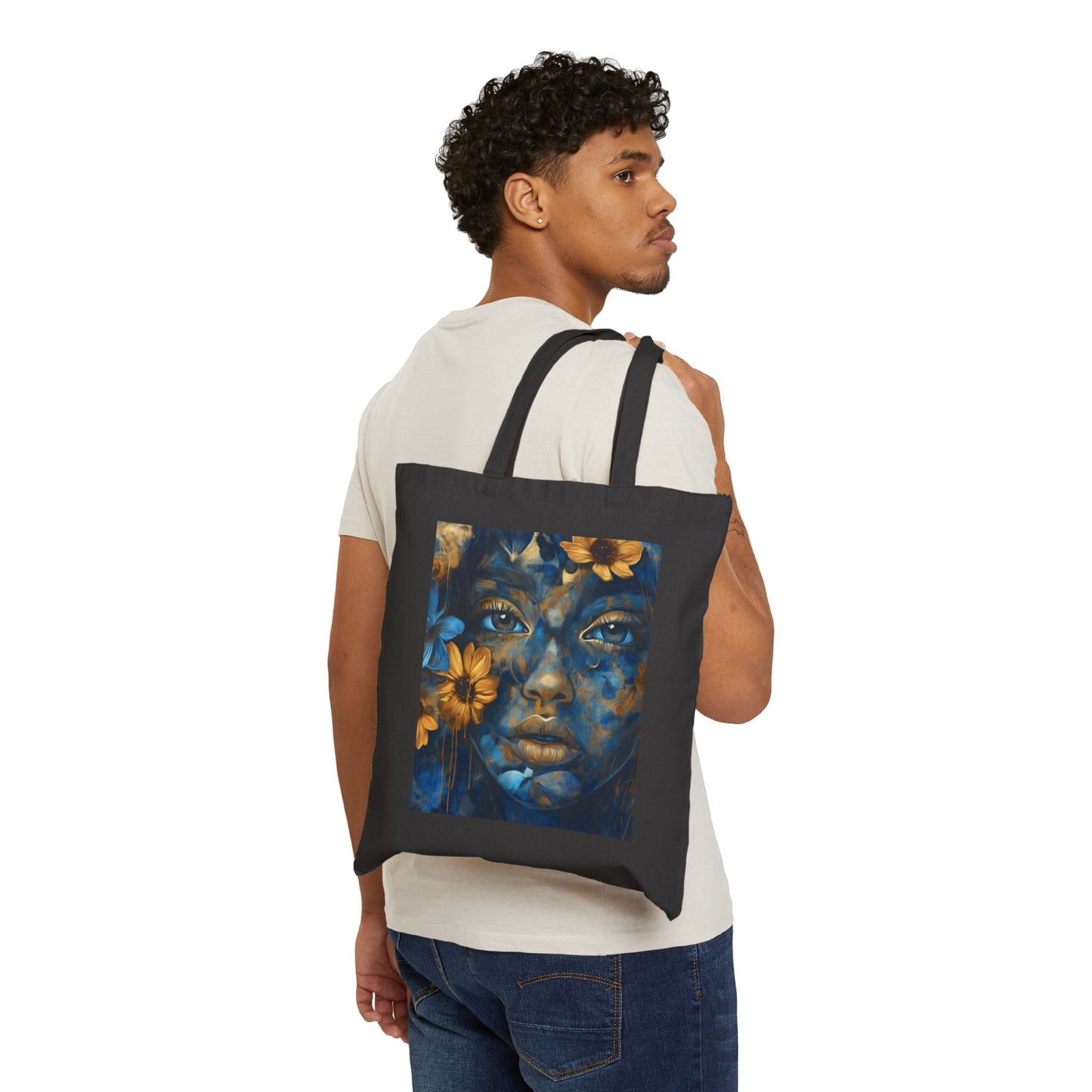 Blue & Gold Floral Abstract Cotton Canvas Tote Bag – Durable & Stylish