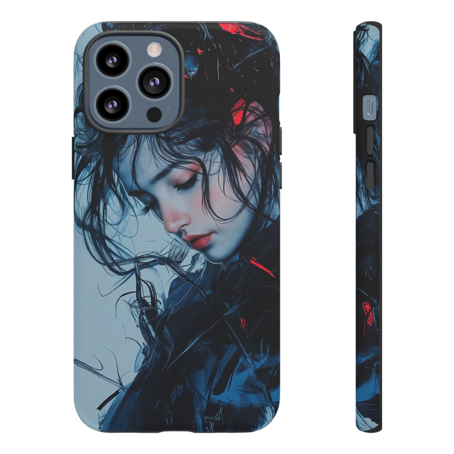 Protective Phone Case – Dual Layer Blue & Red Abstract Portrait Design