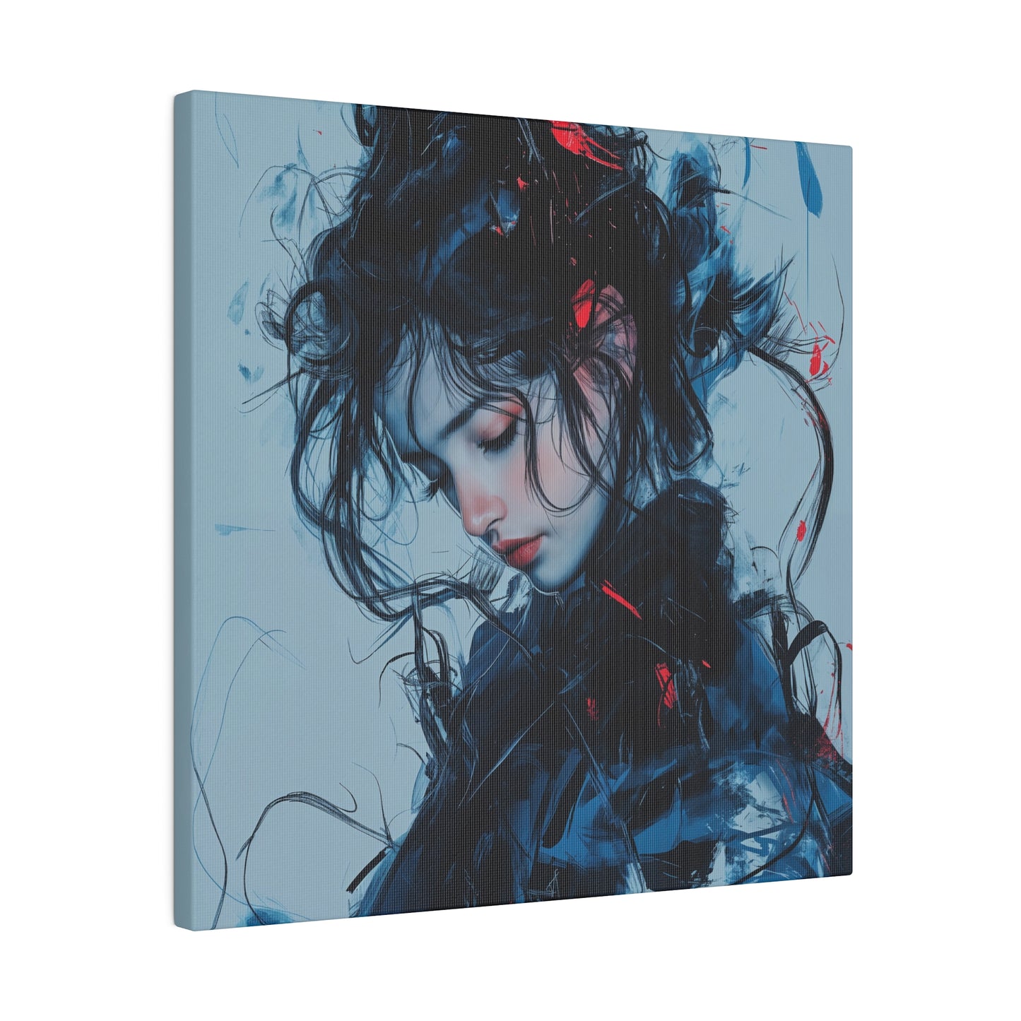 Serenity in Motion: Abstract Blue and Red Portrait Canvas