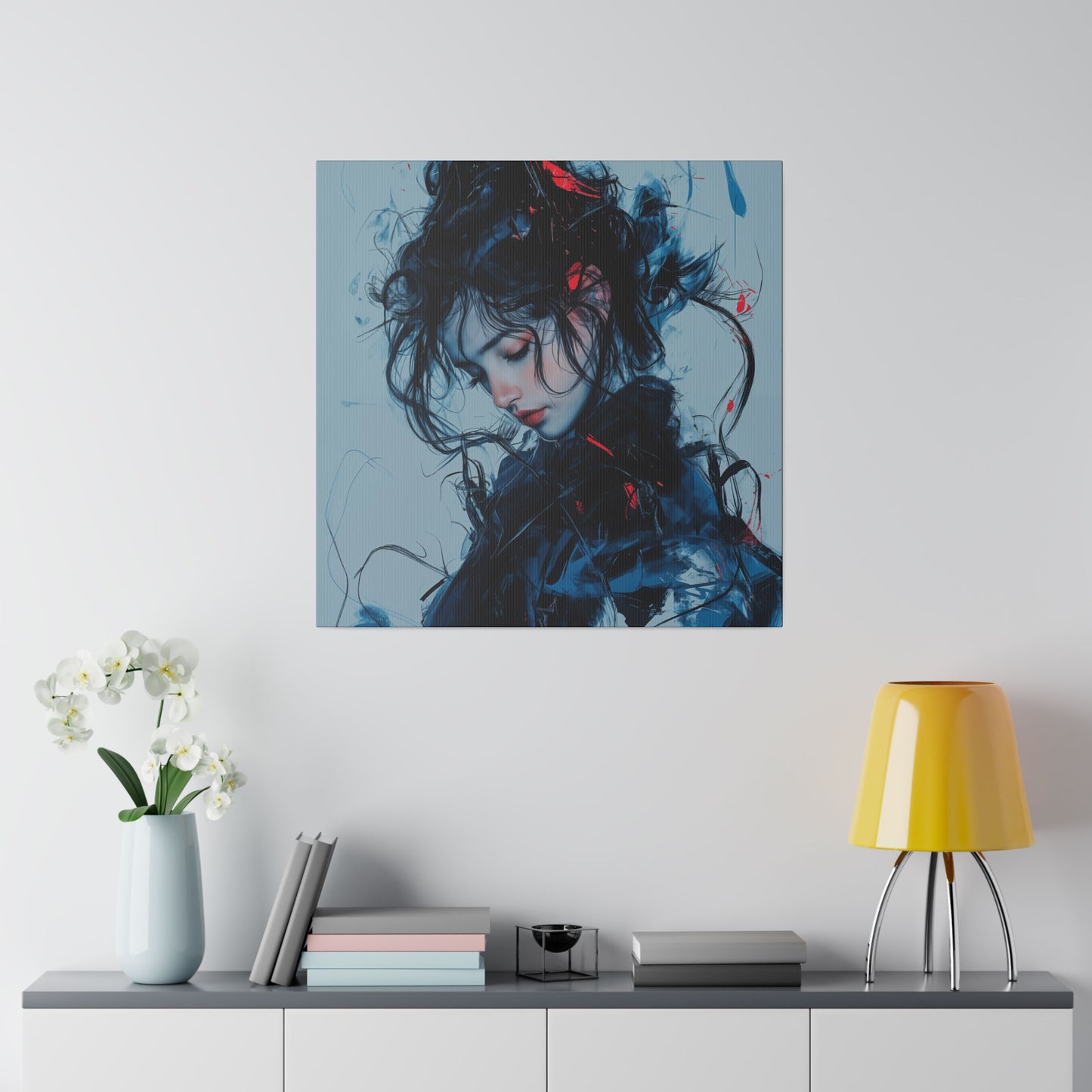 Serenity in Motion: Abstract Blue and Red Portrait Canvas