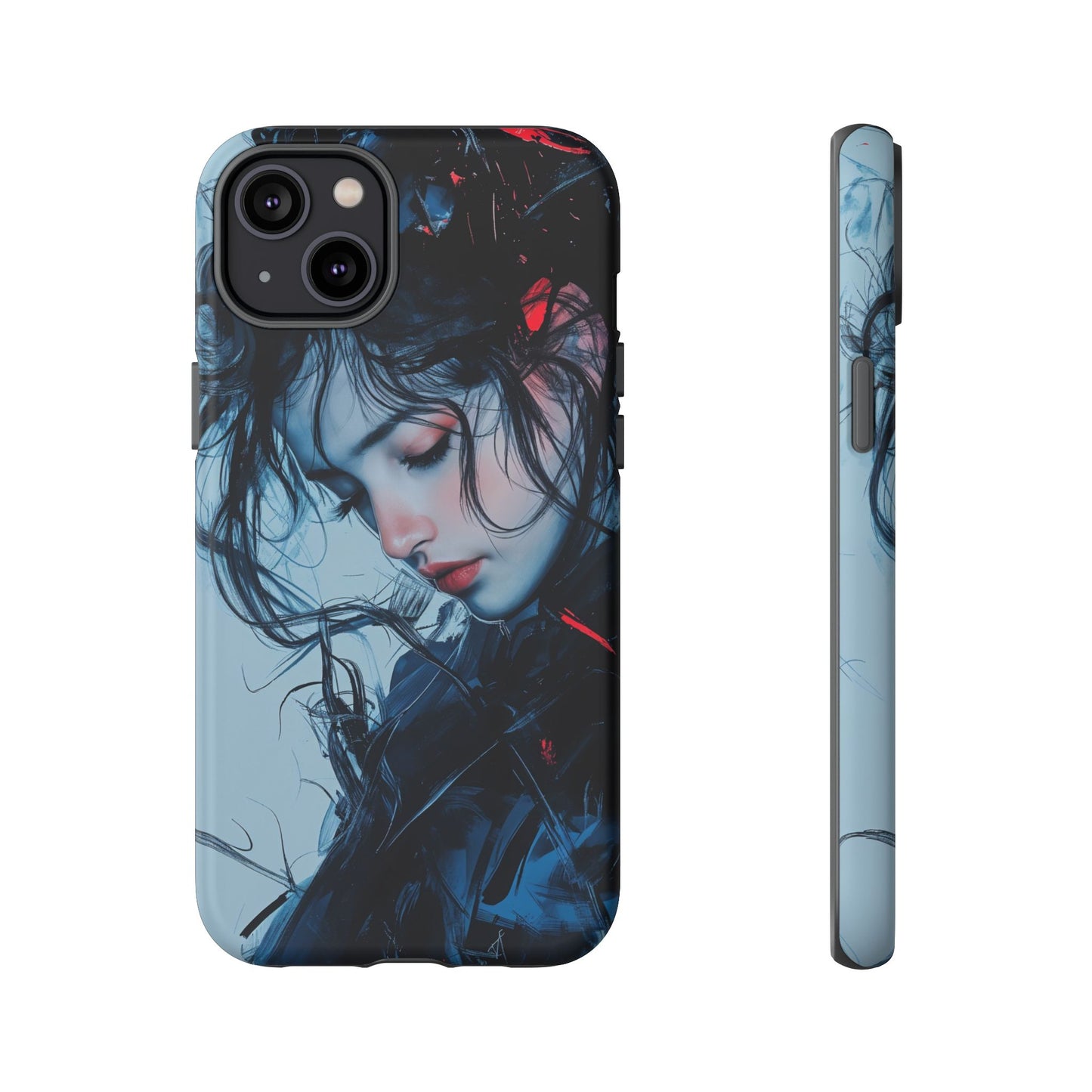 Protective Phone Case – Dual Layer Blue & Red Abstract Portrait Design