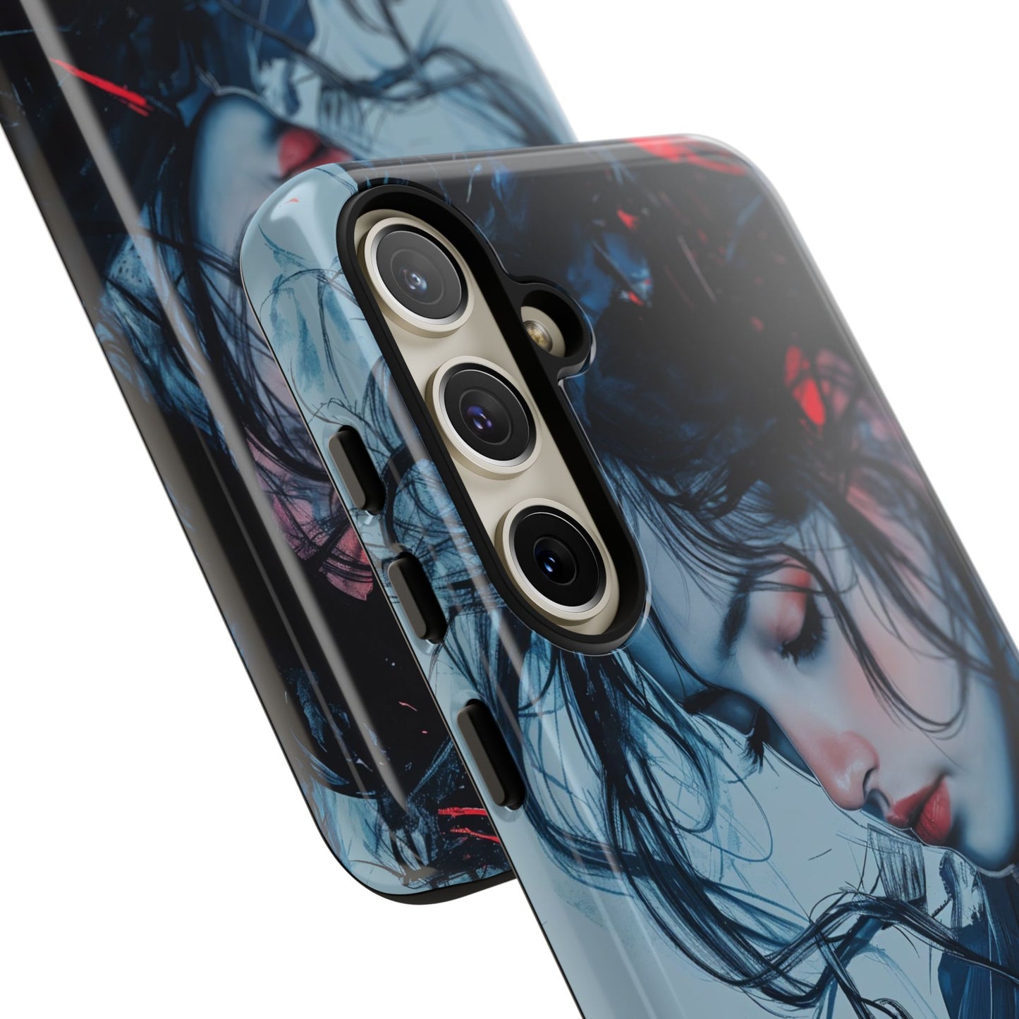 Protective Phone Case – Dual Layer Blue & Red Abstract Portrait Design