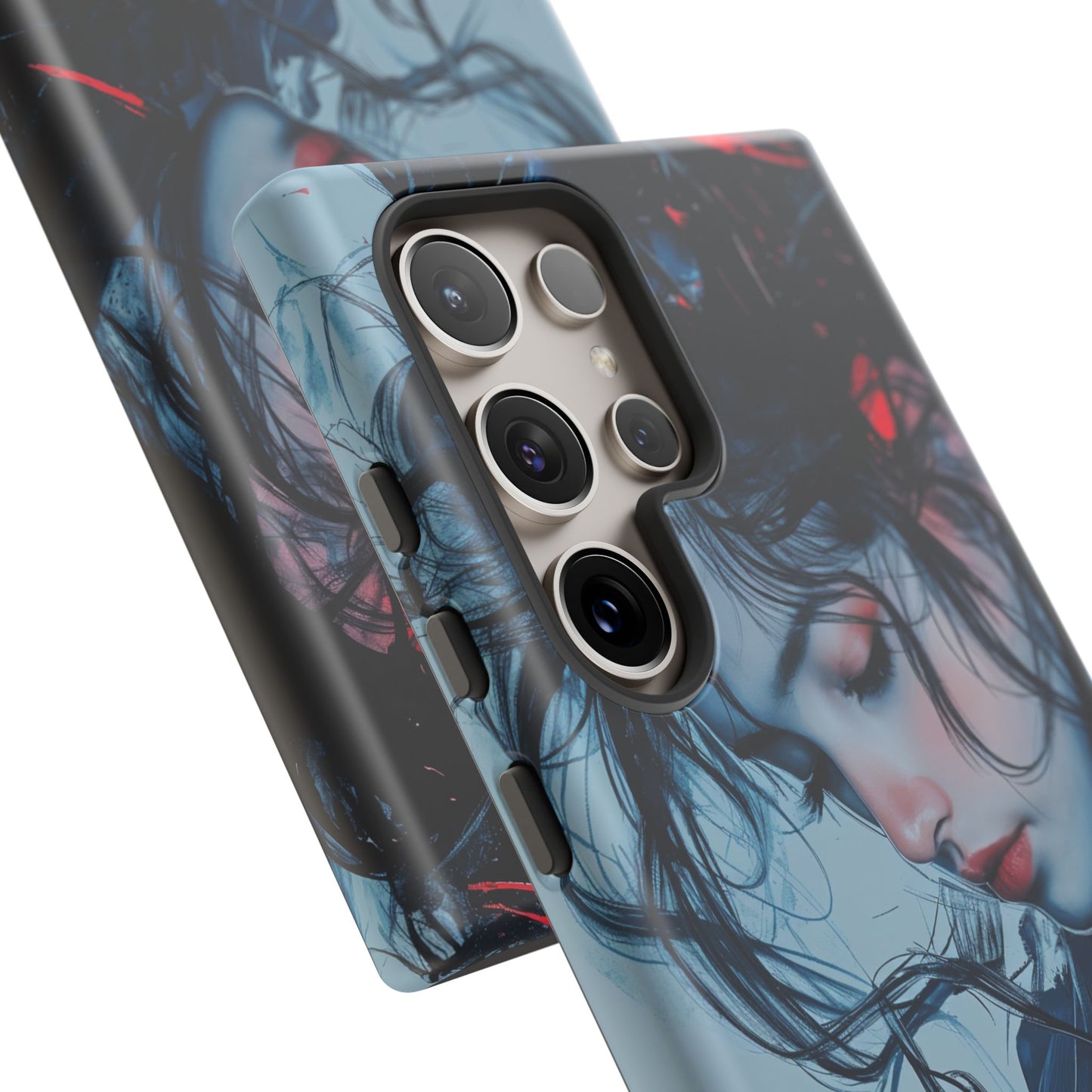 Protective Phone Case – Dual Layer Blue & Red Abstract Portrait Design