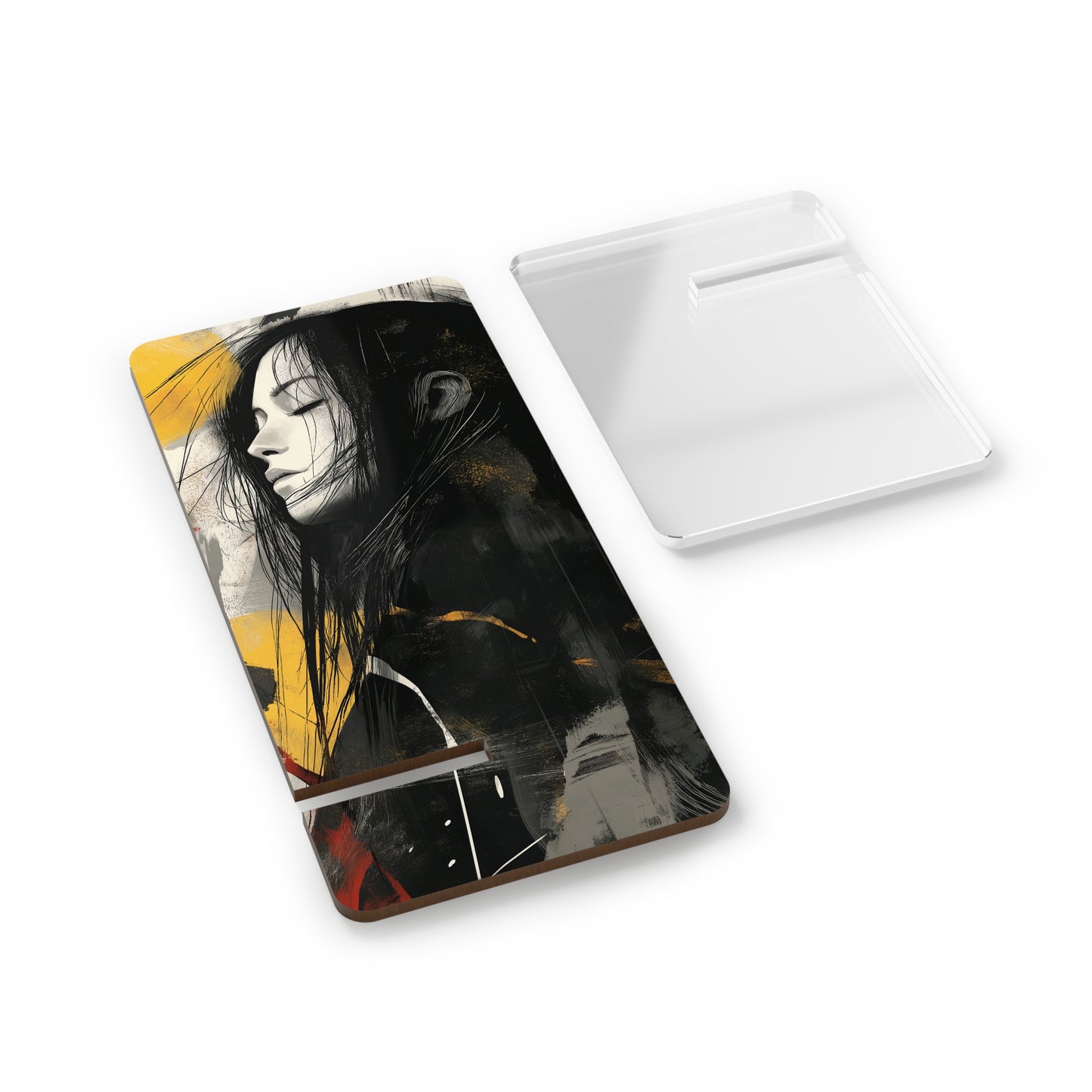 Mobile Display Stand – Black & Yellow Abstract Portrait Design