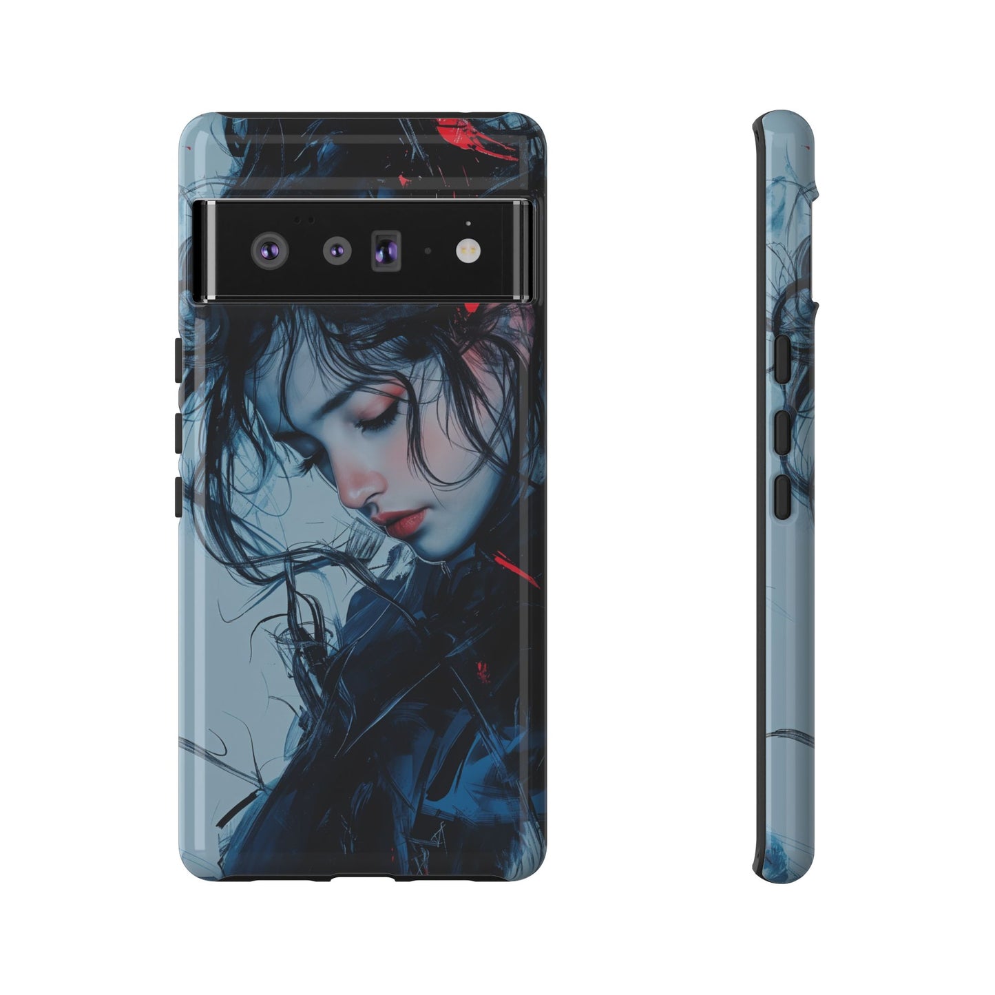 Protective Phone Case – Dual Layer Blue & Red Abstract Portrait Design