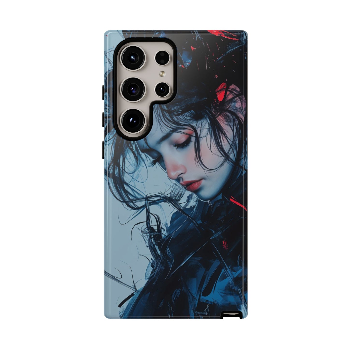 Protective Phone Case – Dual Layer Blue & Red Abstract Portrait Design