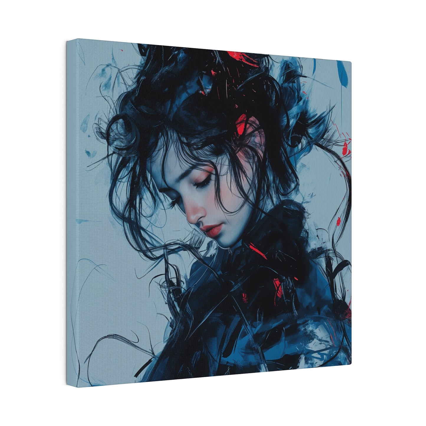 Serenity in Motion: Abstract Blue and Red Portrait Canvas