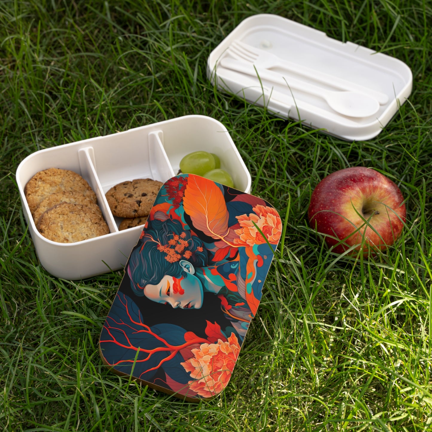 Elegant Bento Lunch Box - Portable and Stylish with Wooden Lid and Cutlery Set