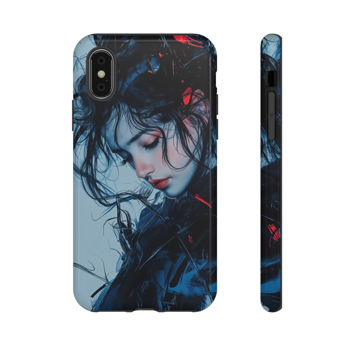 Protective Phone Case – Dual Layer Blue & Red Abstract Portrait Design