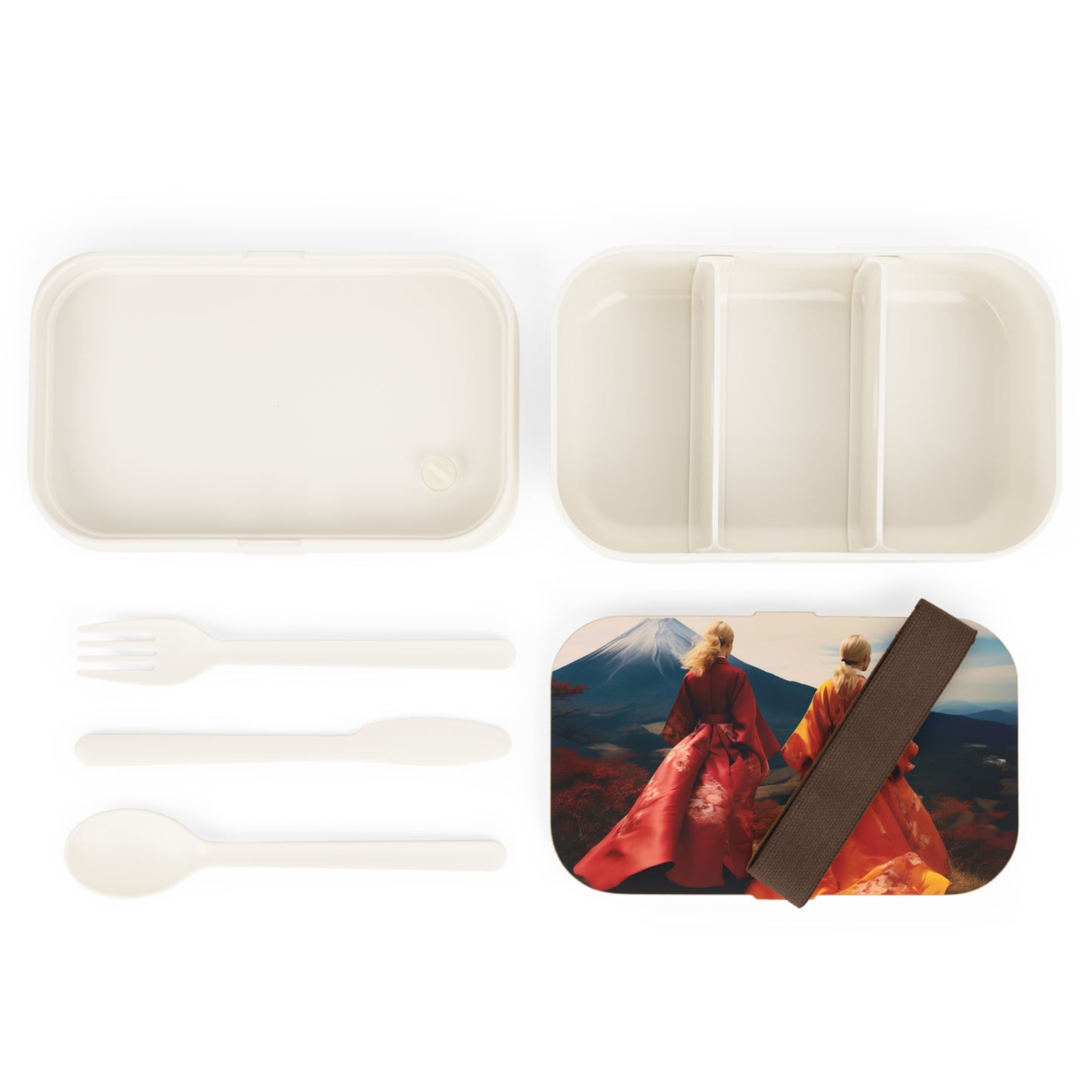 Mount Fuji Elegance - Bento Lunch Box with Wooden Lid & Compartment Dividers