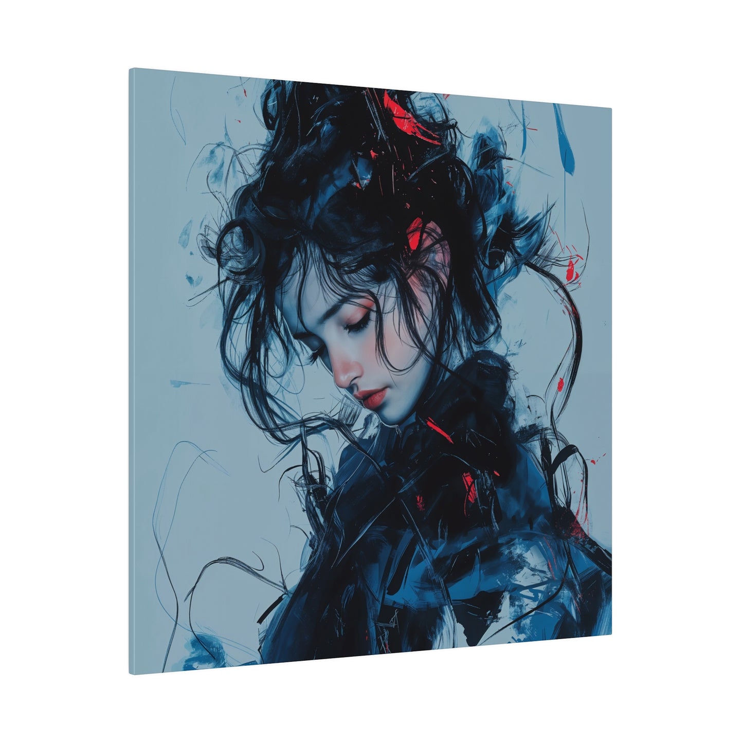 Serenity in Motion: Abstract Blue and Red Portrait Canvas