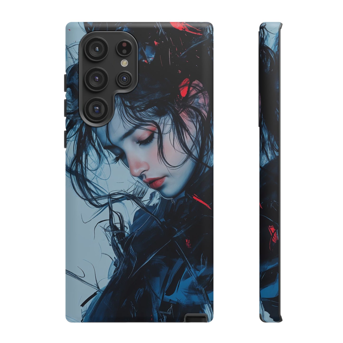 Protective Phone Case – Dual Layer Blue & Red Abstract Portrait Design