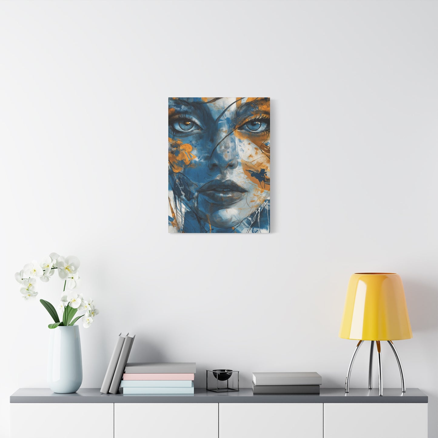 Echoes of Serenity: Blue and Orange Abstract Portrait Canvas