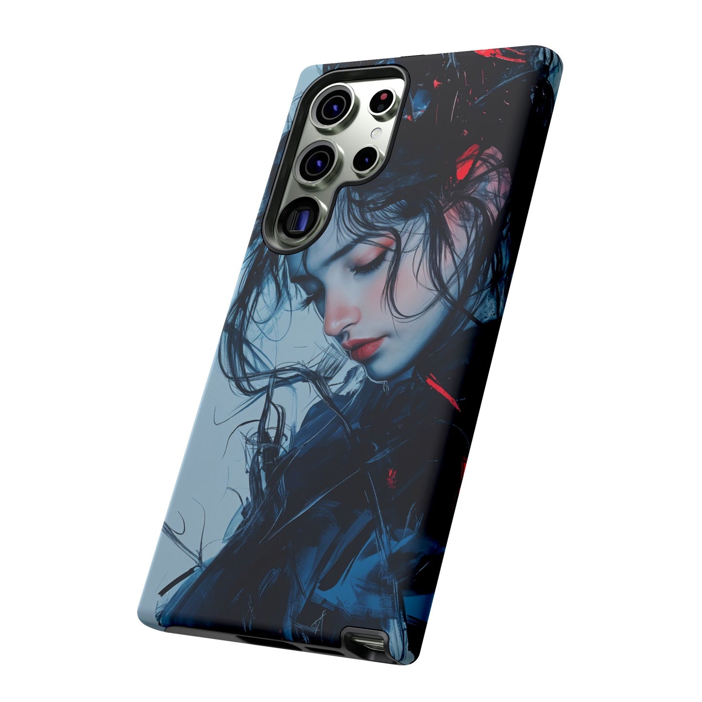 Protective Phone Case – Dual Layer Blue & Red Abstract Portrait Design