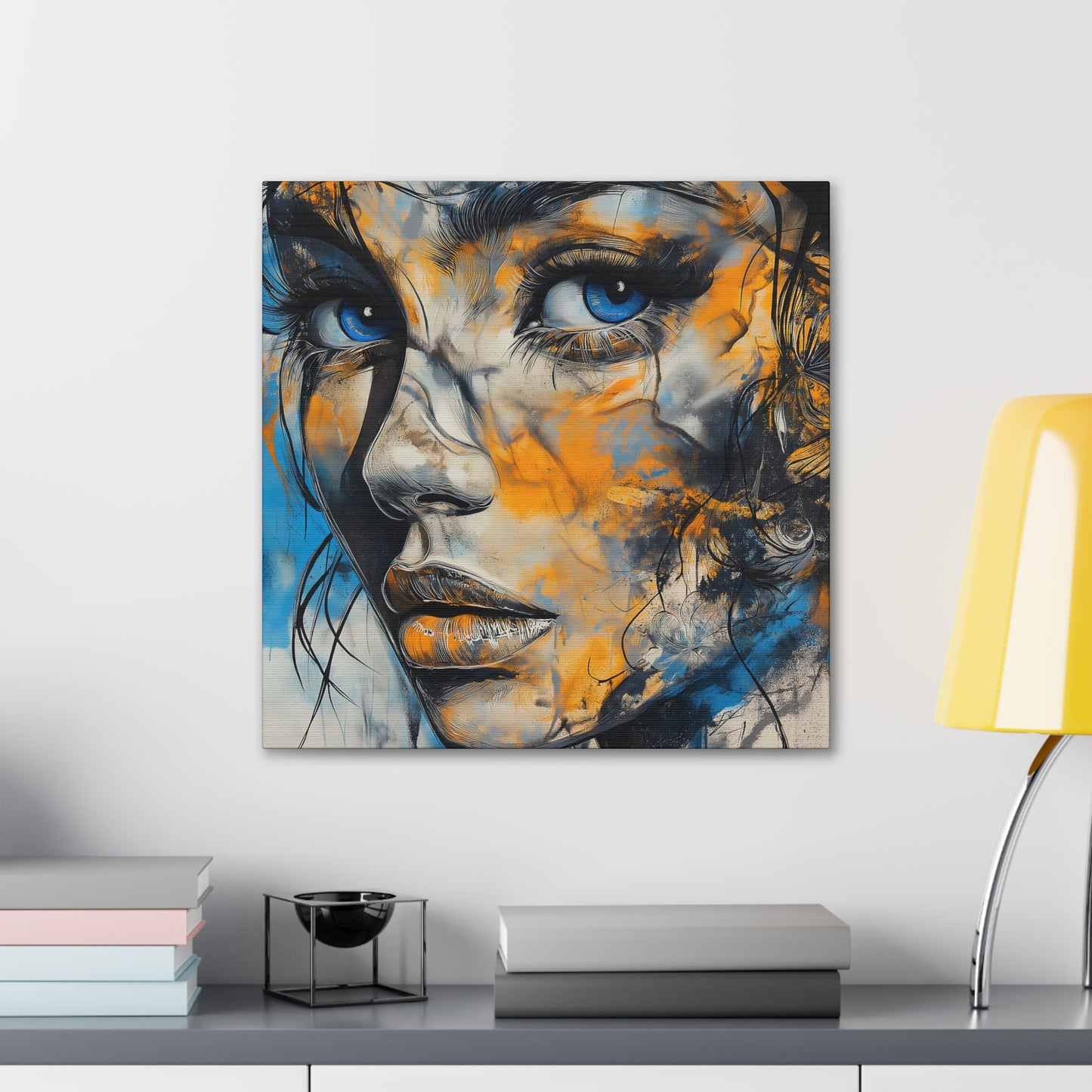 Vibrant Gaze: Blue and Gold Abstract Portrait – Canvas Gallery Wrap