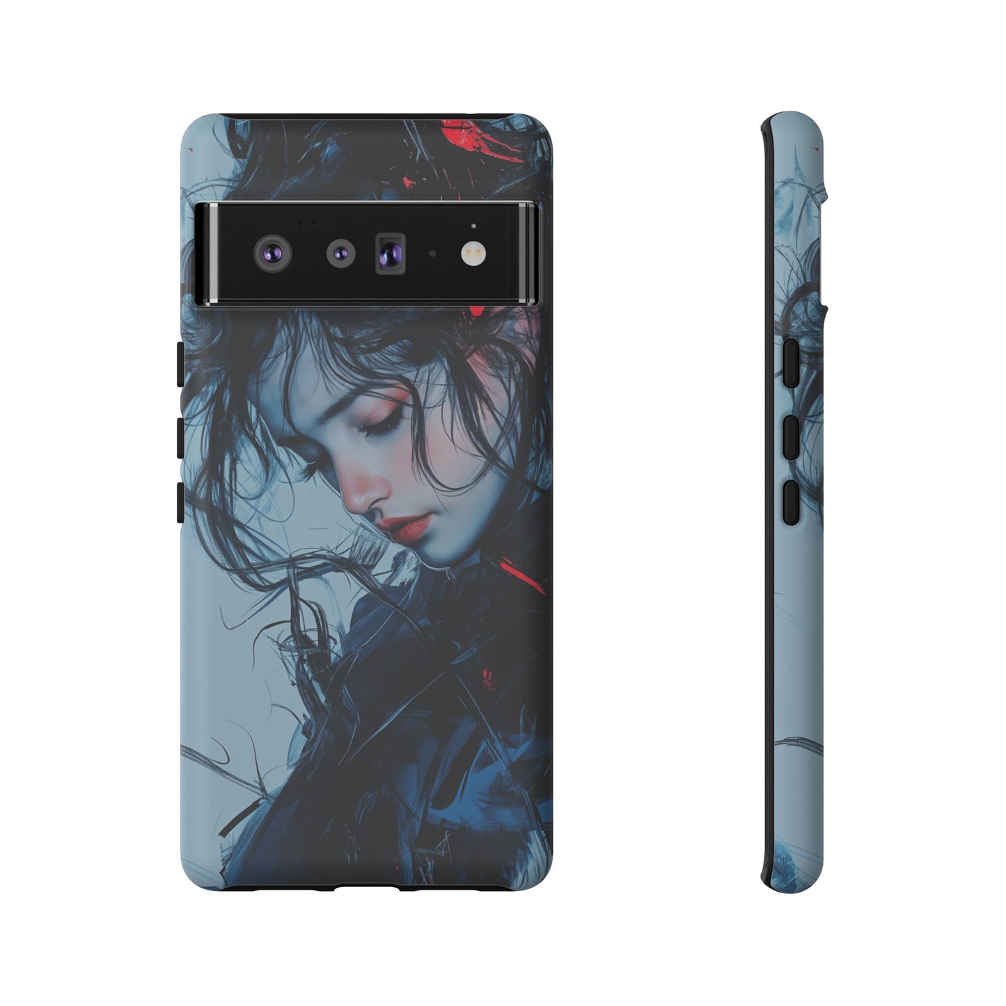 Protective Phone Case – Dual Layer Blue & Red Abstract Portrait Design