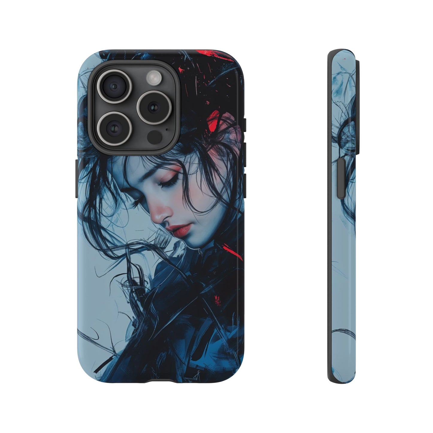 Protective Phone Case – Dual Layer Blue & Red Abstract Portrait Design