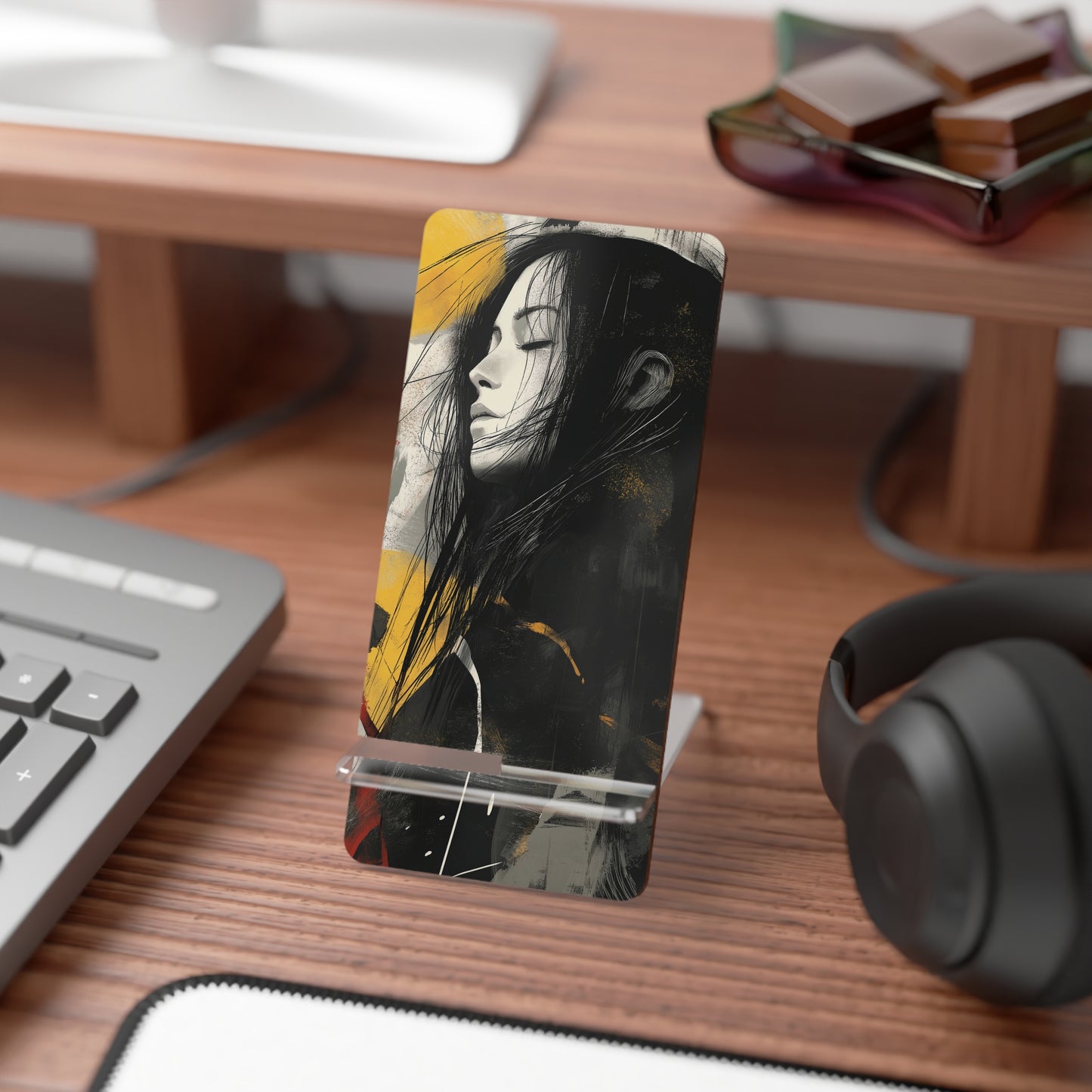 Mobile Display Stand – Black & Yellow Abstract Portrait Design