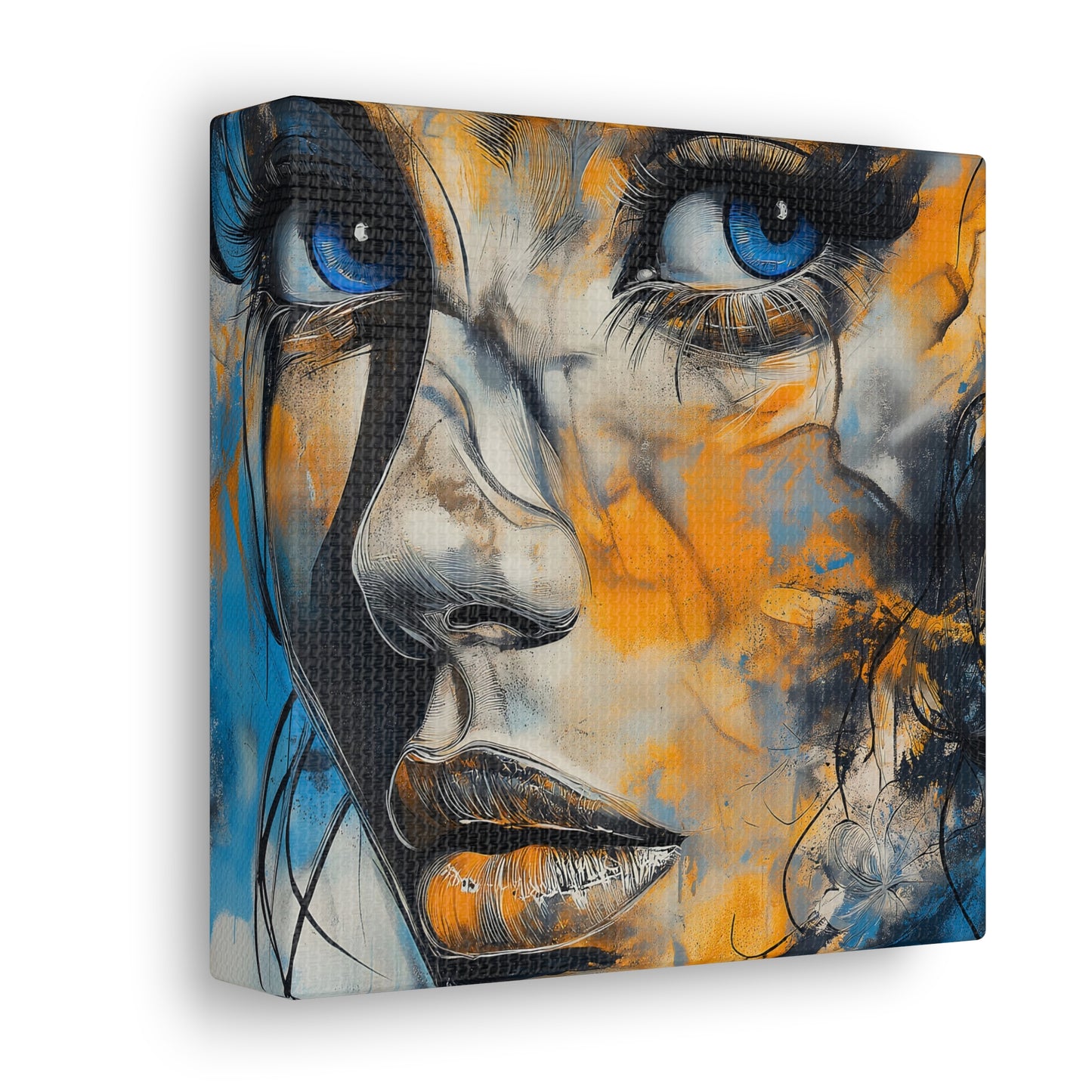 Vibrant Gaze: Blue and Gold Abstract Portrait – Canvas Gallery Wrap