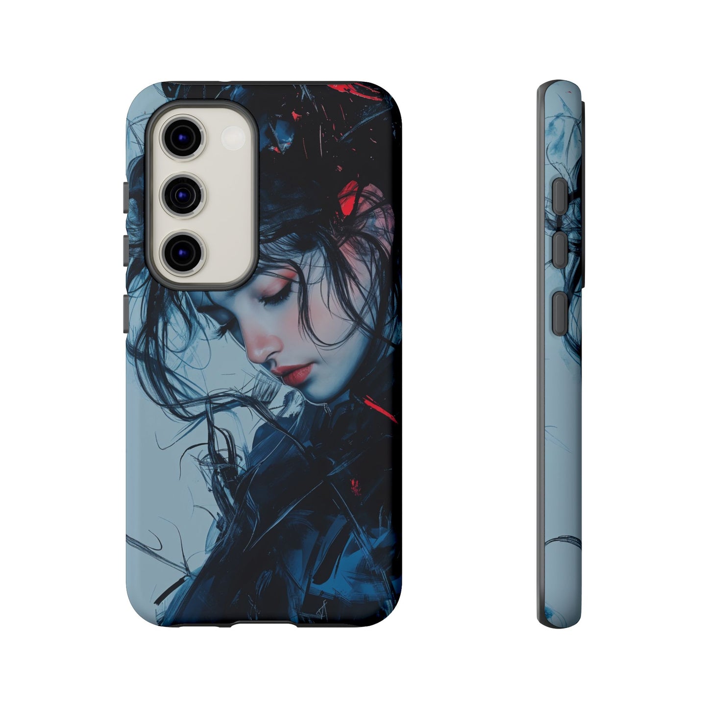 Protective Phone Case – Dual Layer Blue & Red Abstract Portrait Design