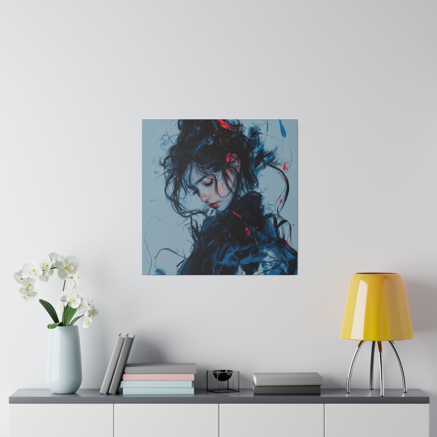 Serenity in Motion: Abstract Blue and Red Portrait Canvas