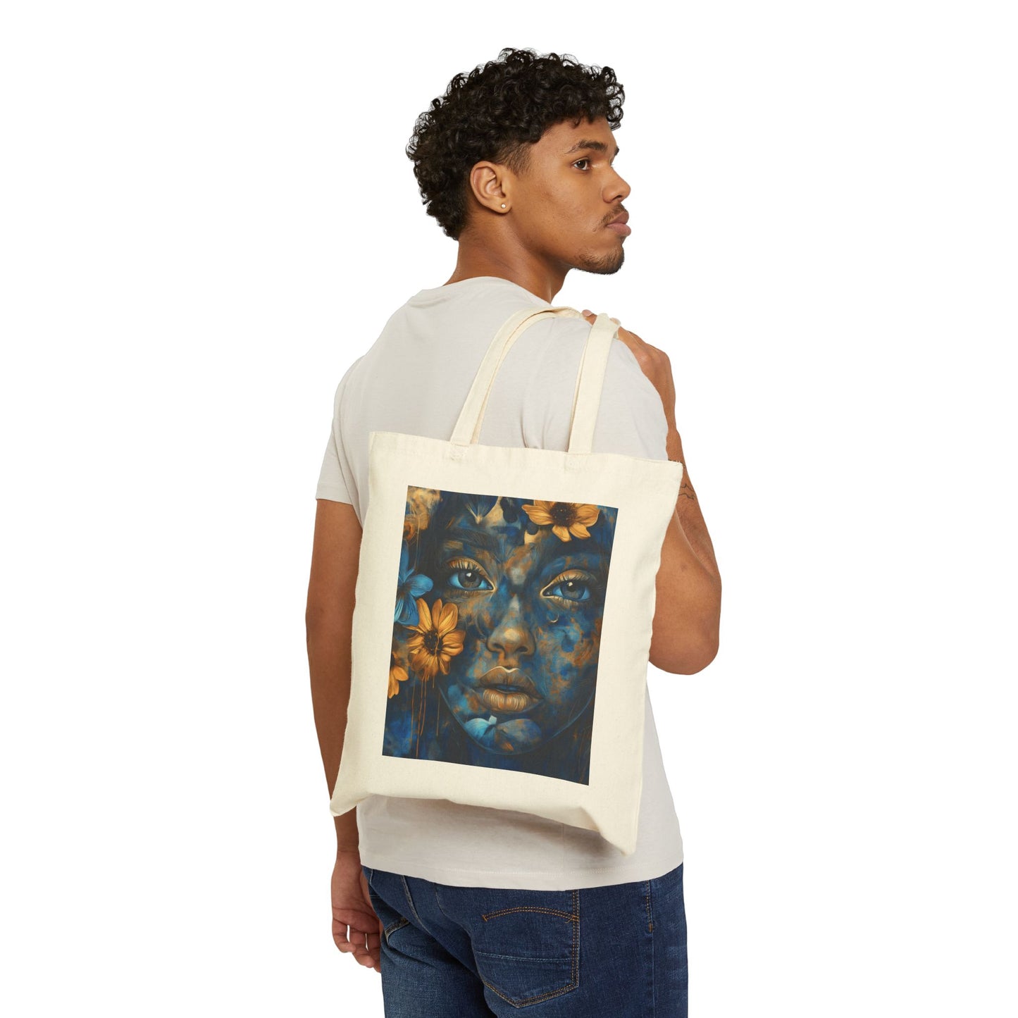 Blue & Gold Floral Abstract Cotton Canvas Tote Bag – Durable & Stylish