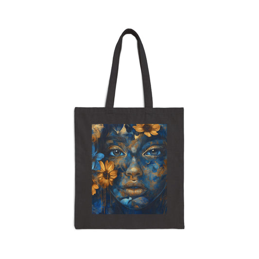 Blue & Gold Floral Abstract Cotton Canvas Tote Bag – Durable & Stylish