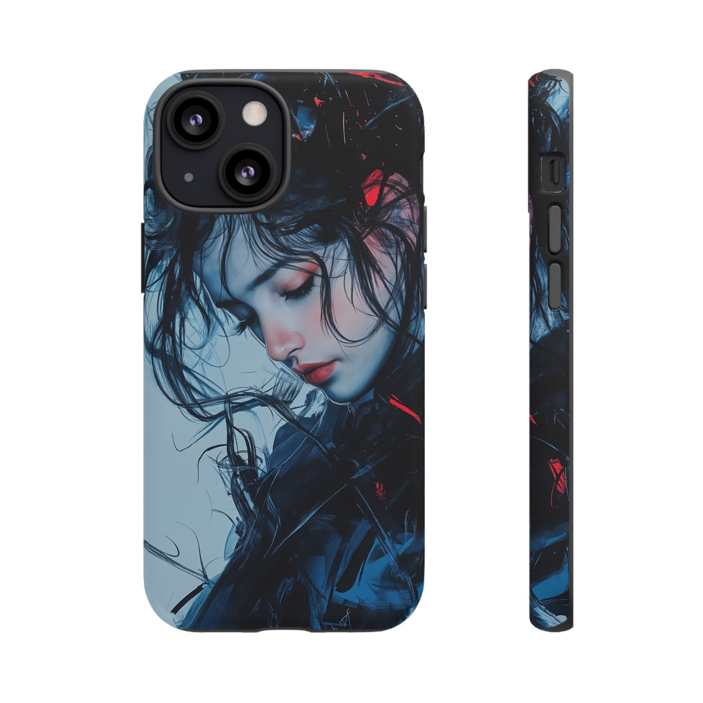 Protective Phone Case – Dual Layer Blue & Red Abstract Portrait Design