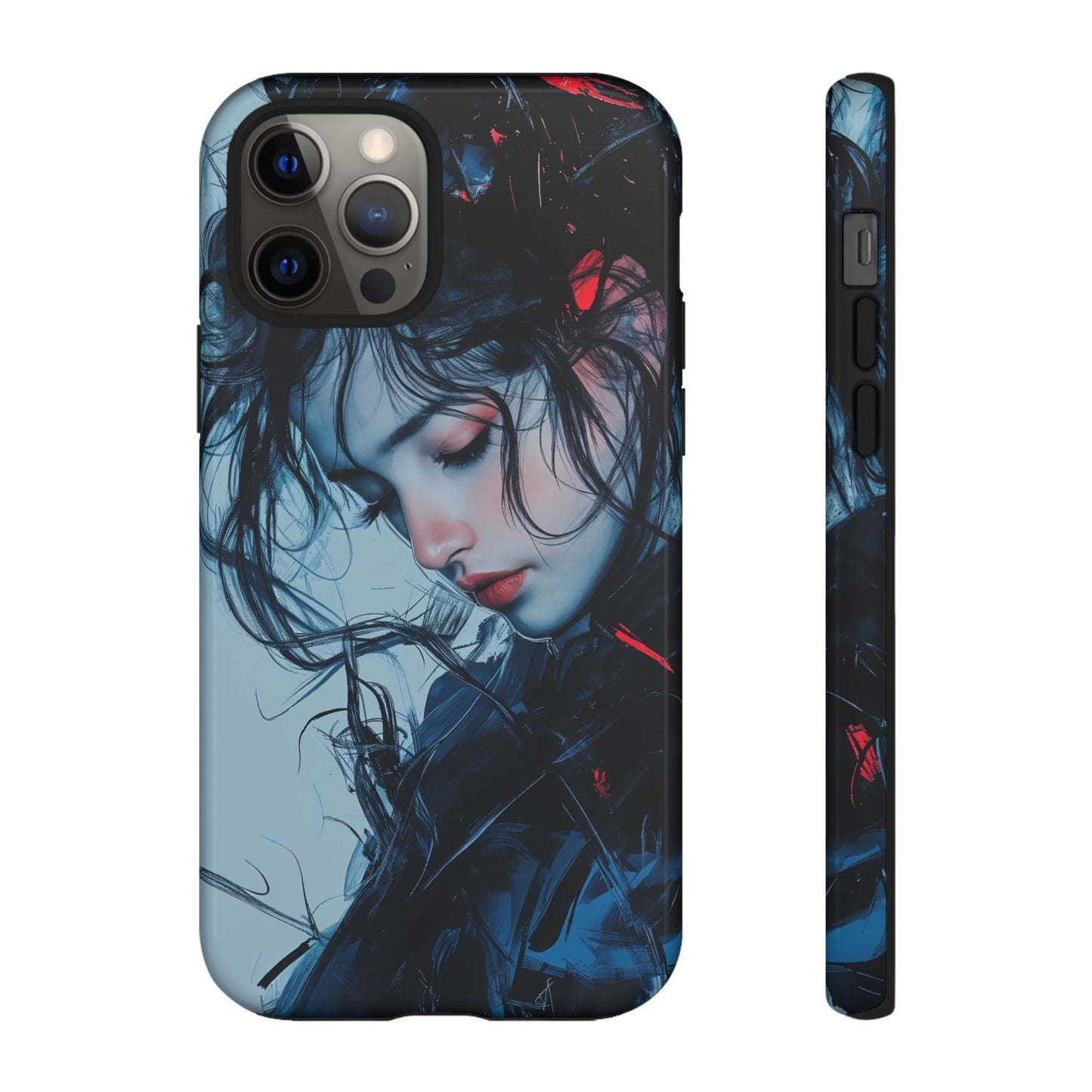 Protective Phone Case – Dual Layer Blue & Red Abstract Portrait Design