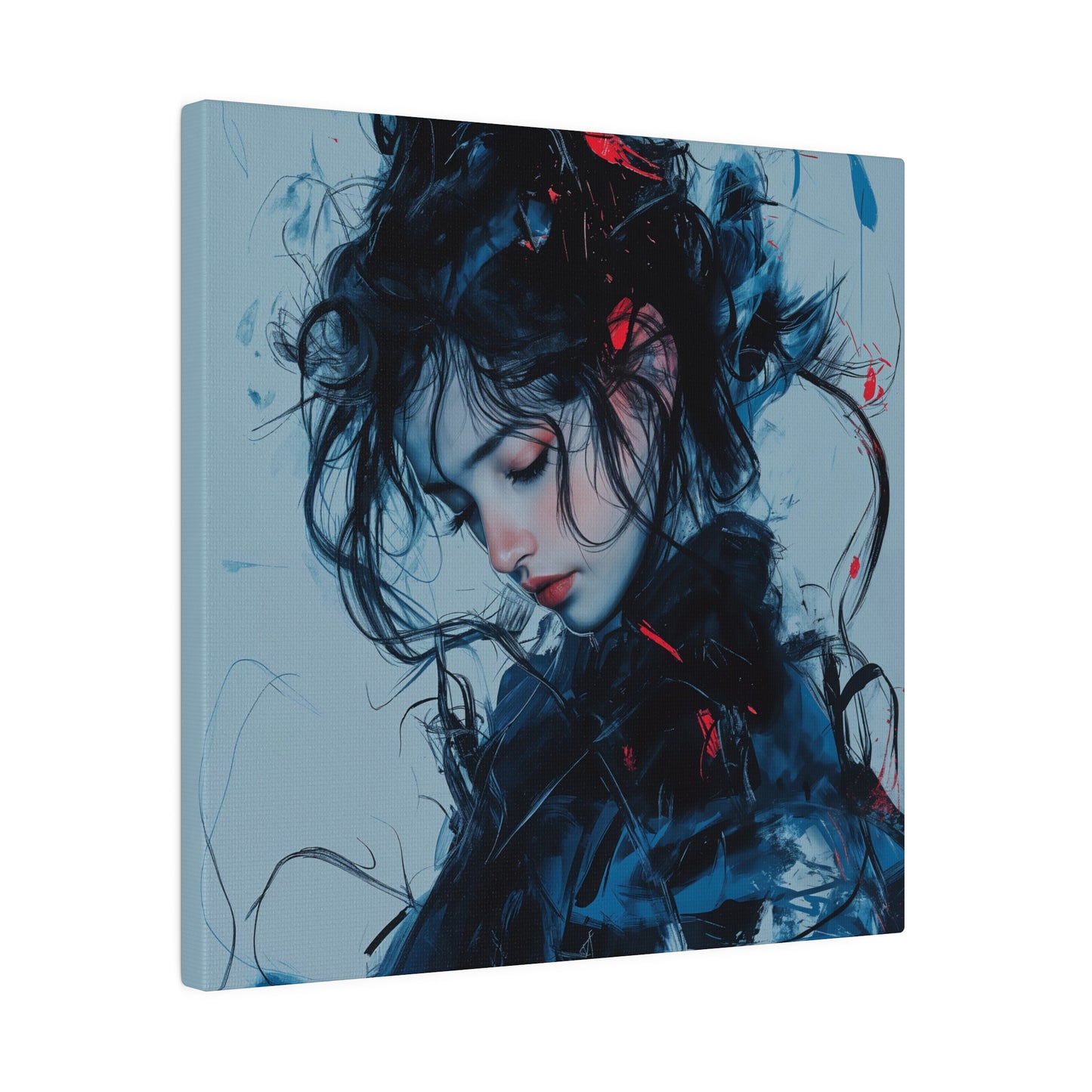 Serenity in Motion: Abstract Blue and Red Portrait Canvas