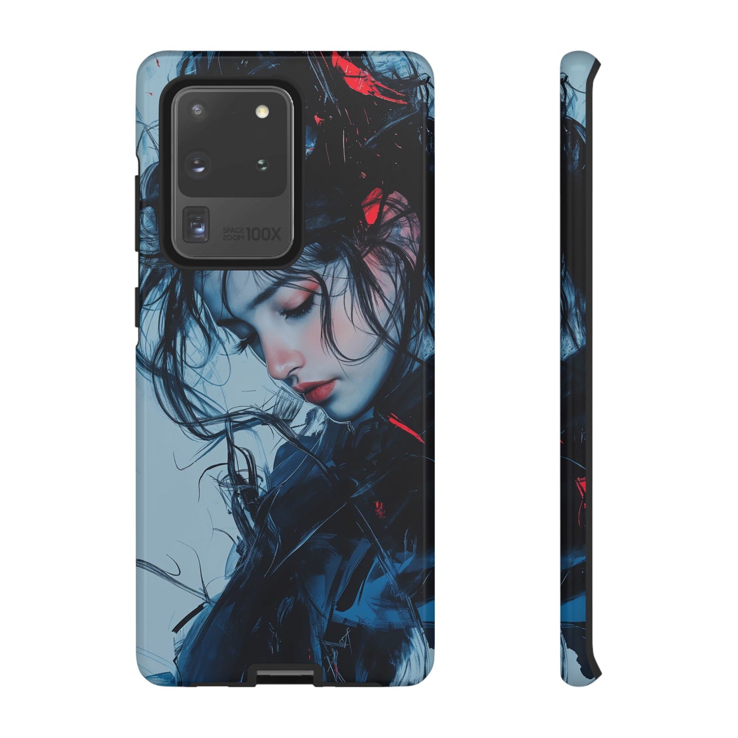 Protective Phone Case – Dual Layer Blue & Red Abstract Portrait Design