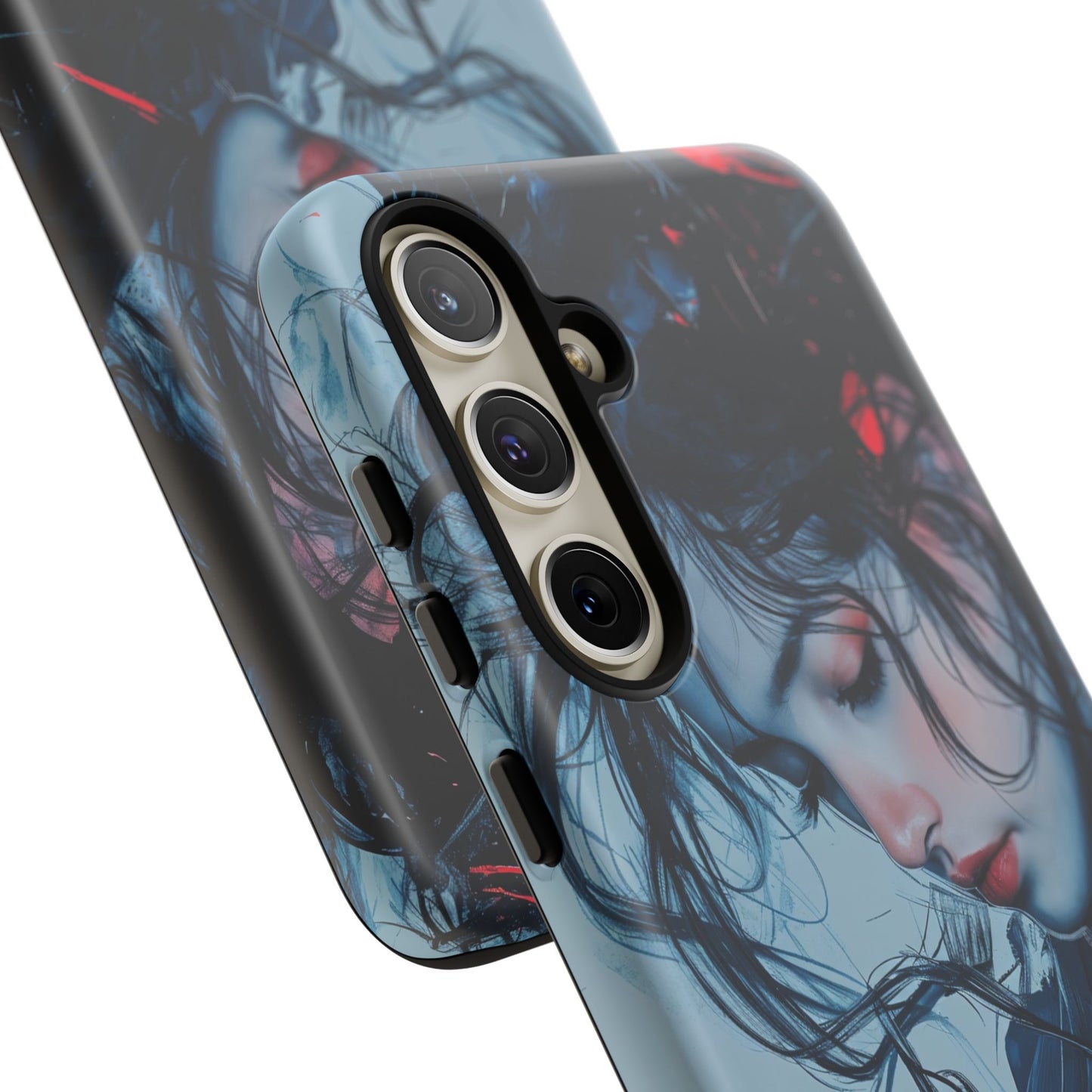 Protective Phone Case – Dual Layer Blue & Red Abstract Portrait Design