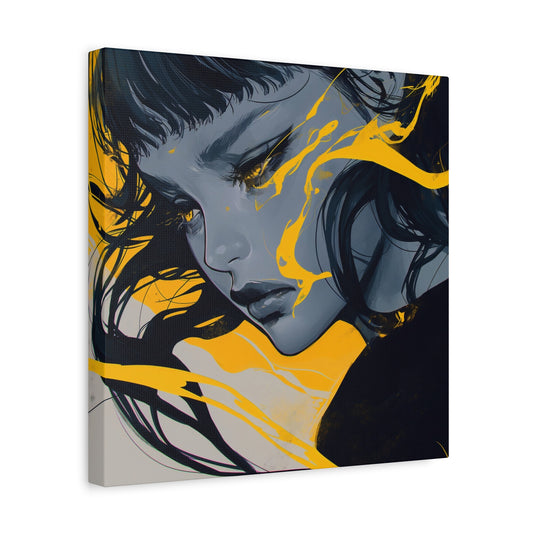 Radiant Shadows: Blue and Yellow Abstract Portrait – Matte Canvas, 1.25” Frame