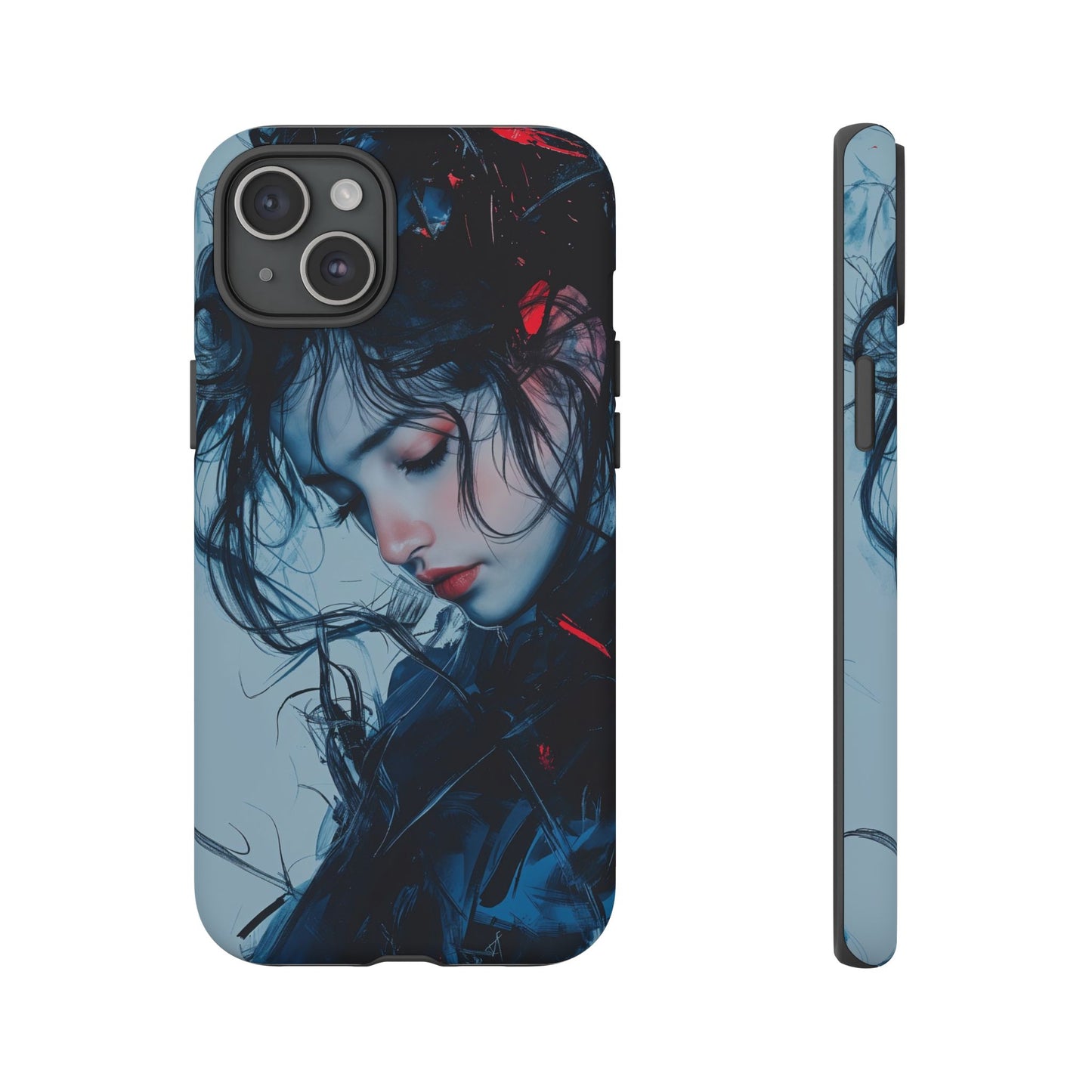 Protective Phone Case – Dual Layer Blue & Red Abstract Portrait Design