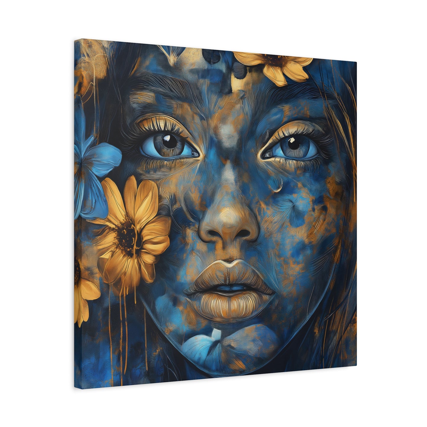 Stunning Digital Art Matte Canvas - Floral Ethereal Beauty in Blue & Gold - 1.25” Stretched Canvas